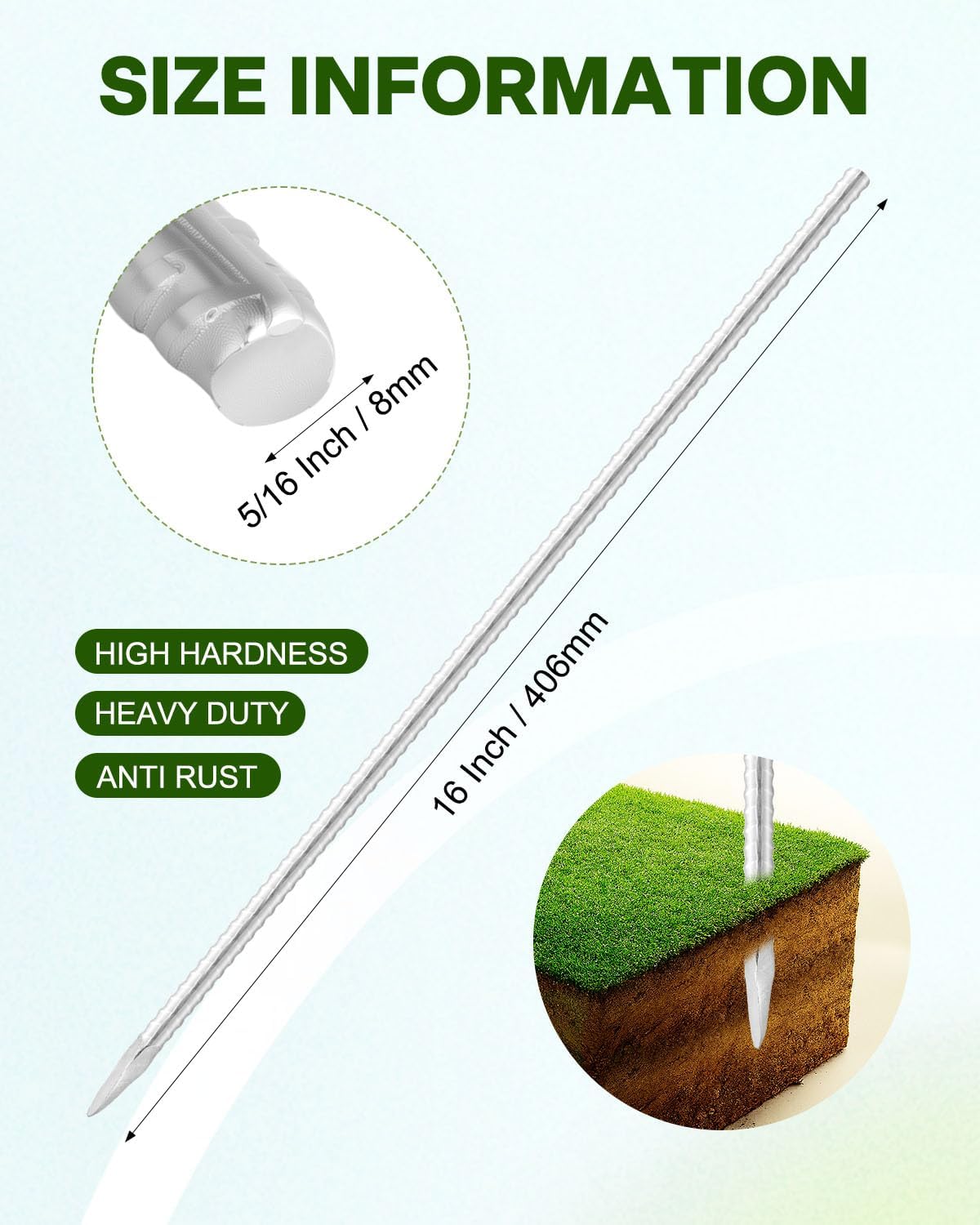 16 Inch Ground Rebar Stakes, 20 Pack Heavy Duty Steel Metal Stakes, Straight Steel Anchors with Chisel Point End, Ground Anchors for Concrete, Garden, Fence, Tent Support