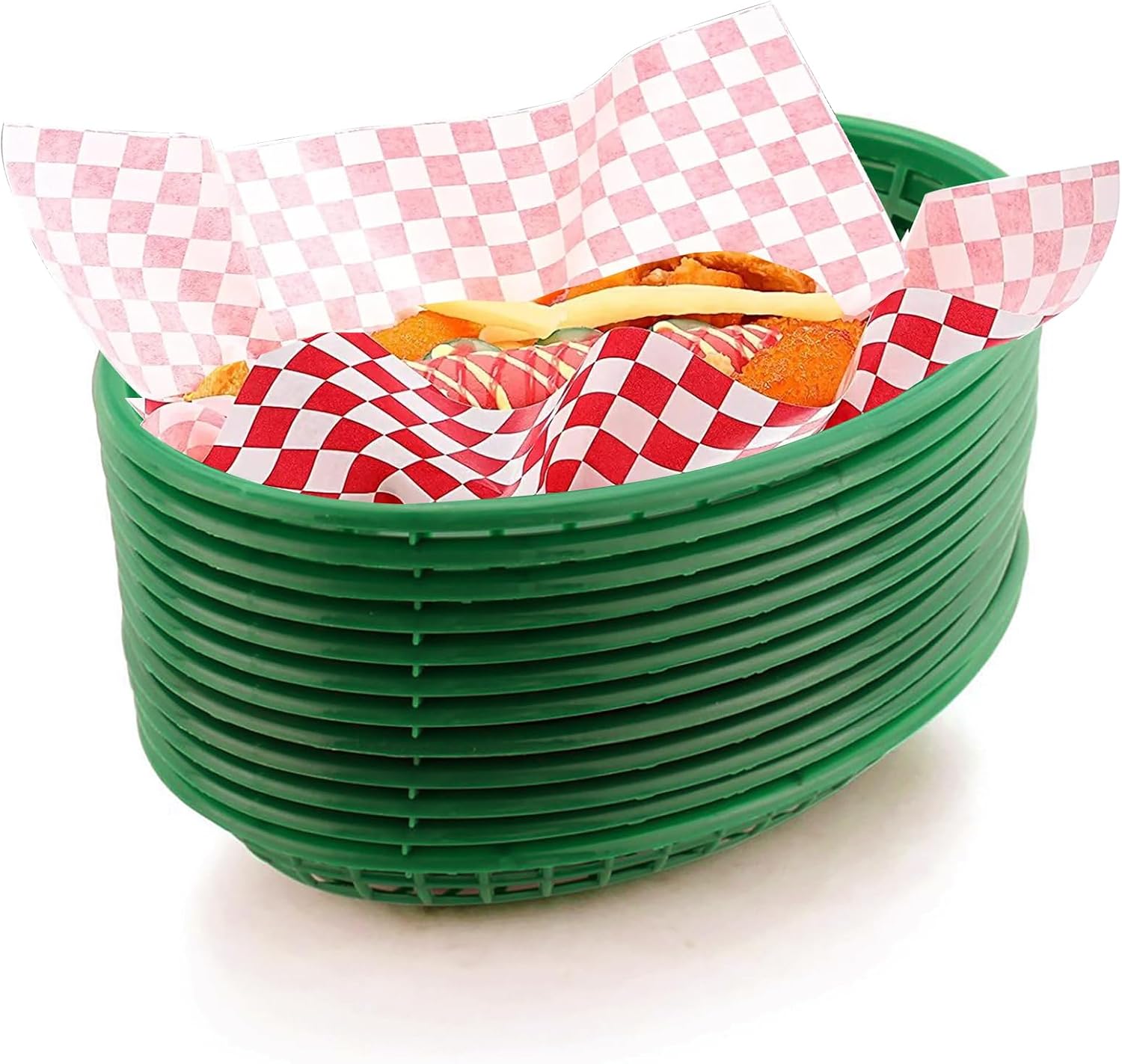Retro Style Fast Food Basket (12Pk) and Checkered Deli Liner (100 Pk) Combo. Fast Food Basket Are Dishwasher Safe. Disposable Deli Paper Squares for Easy Cleanup (Green)