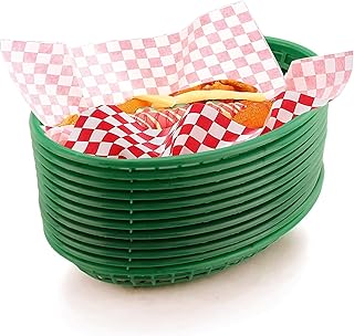 FEOOWV Retro Style Fast Food Basket (12Pk) and Checkered Deli Liner (100 Pk) Combo. Fast Food Basket Are Dishwasher Safe. Disposable Deli Paper Squares for Easy Cleanup (Green)