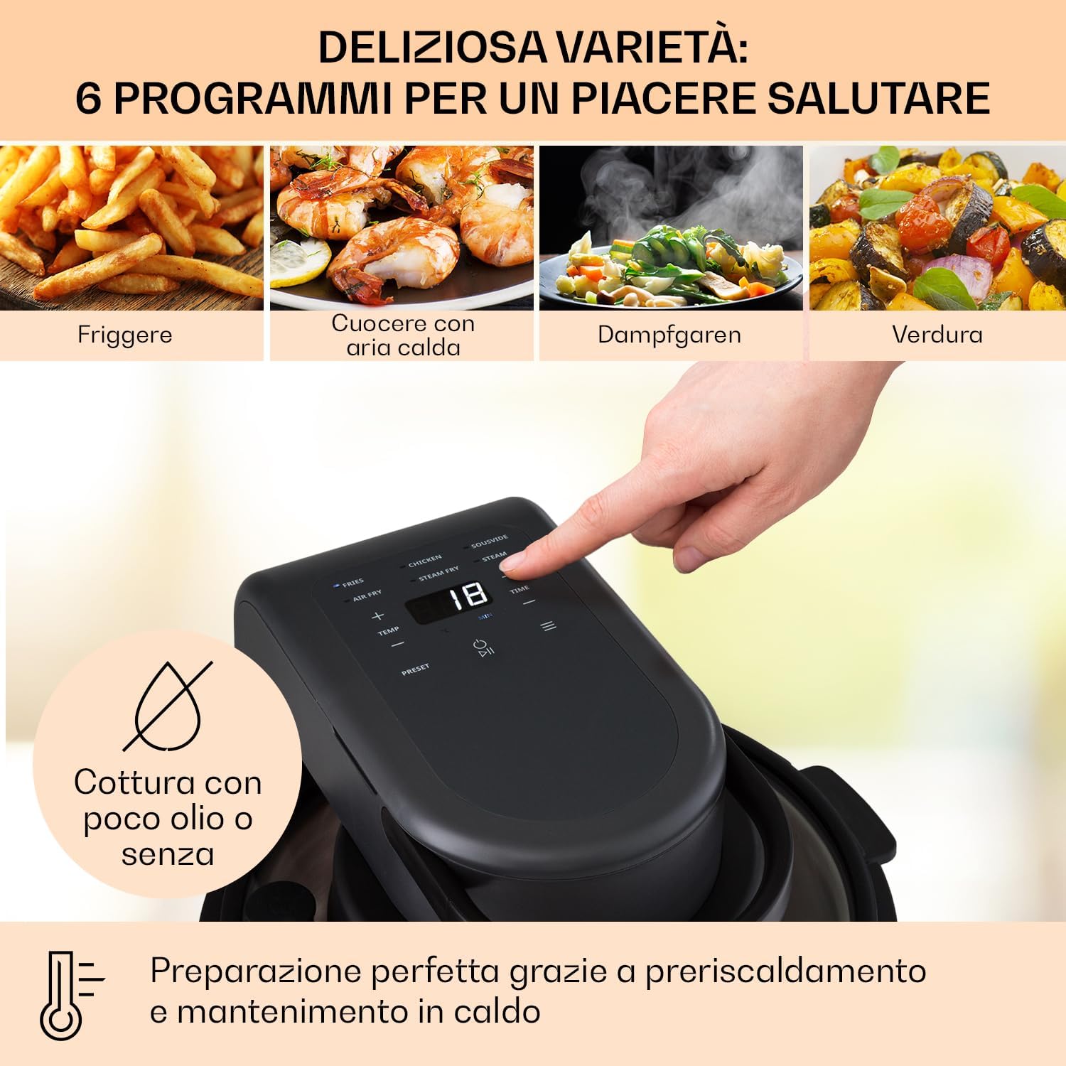 Klarstein Friggitrice ad Aria 2 in 1 con Funzione Vapore, Air Fryer 1250W, Friggitrice ad Aria Calda Touch, Friggitrice Elettrica 6 Programmi, Timer, Accessori Extra, Friggitrice Aria e Vaporiera 5L