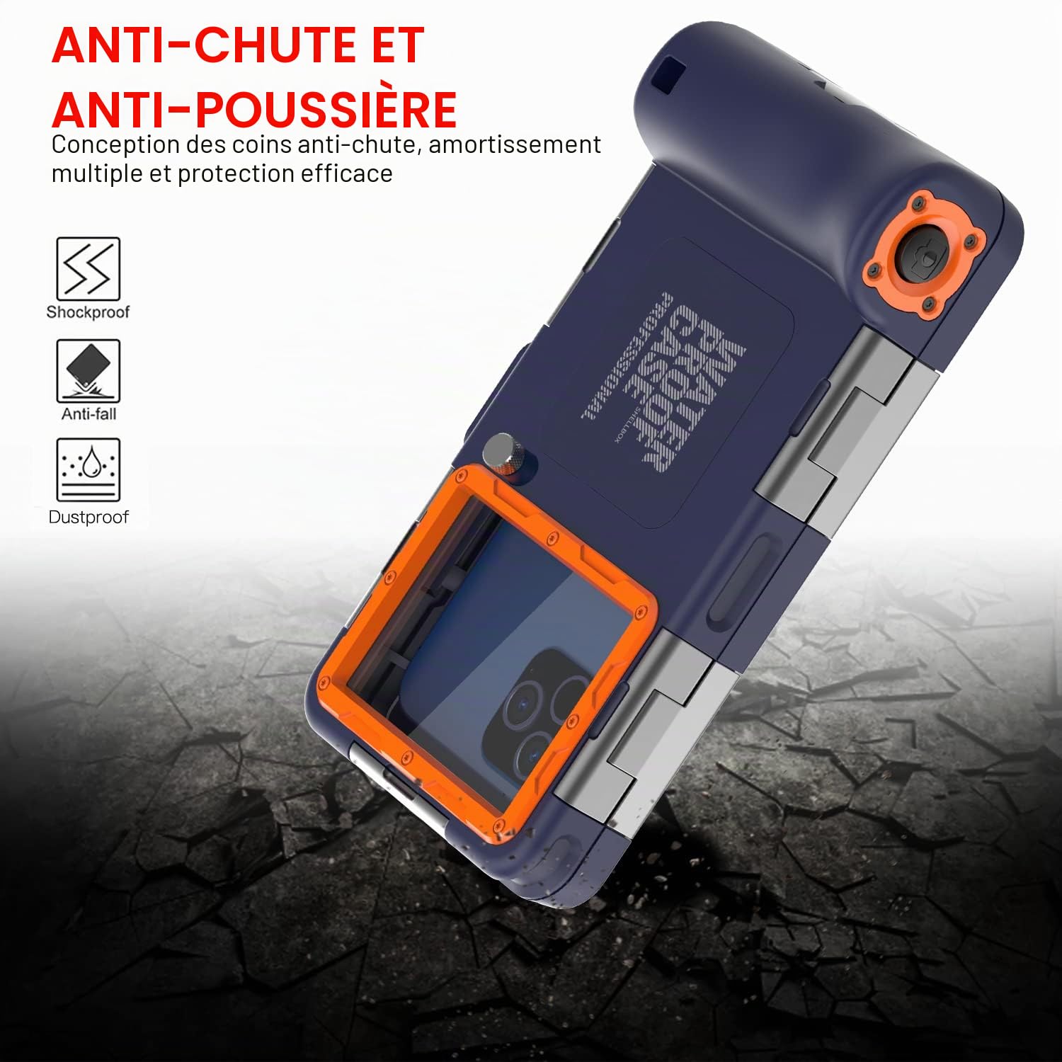 ShellBoxCase Étui de téléphone de plongée universel étanche pour iPhone 16/15/14/Pro/Plus/Max/Samsung Galaxy S25/24/23/Ultra Series - [50FT/15M] Plongée sous-marine avec tuba logement, bleu orange