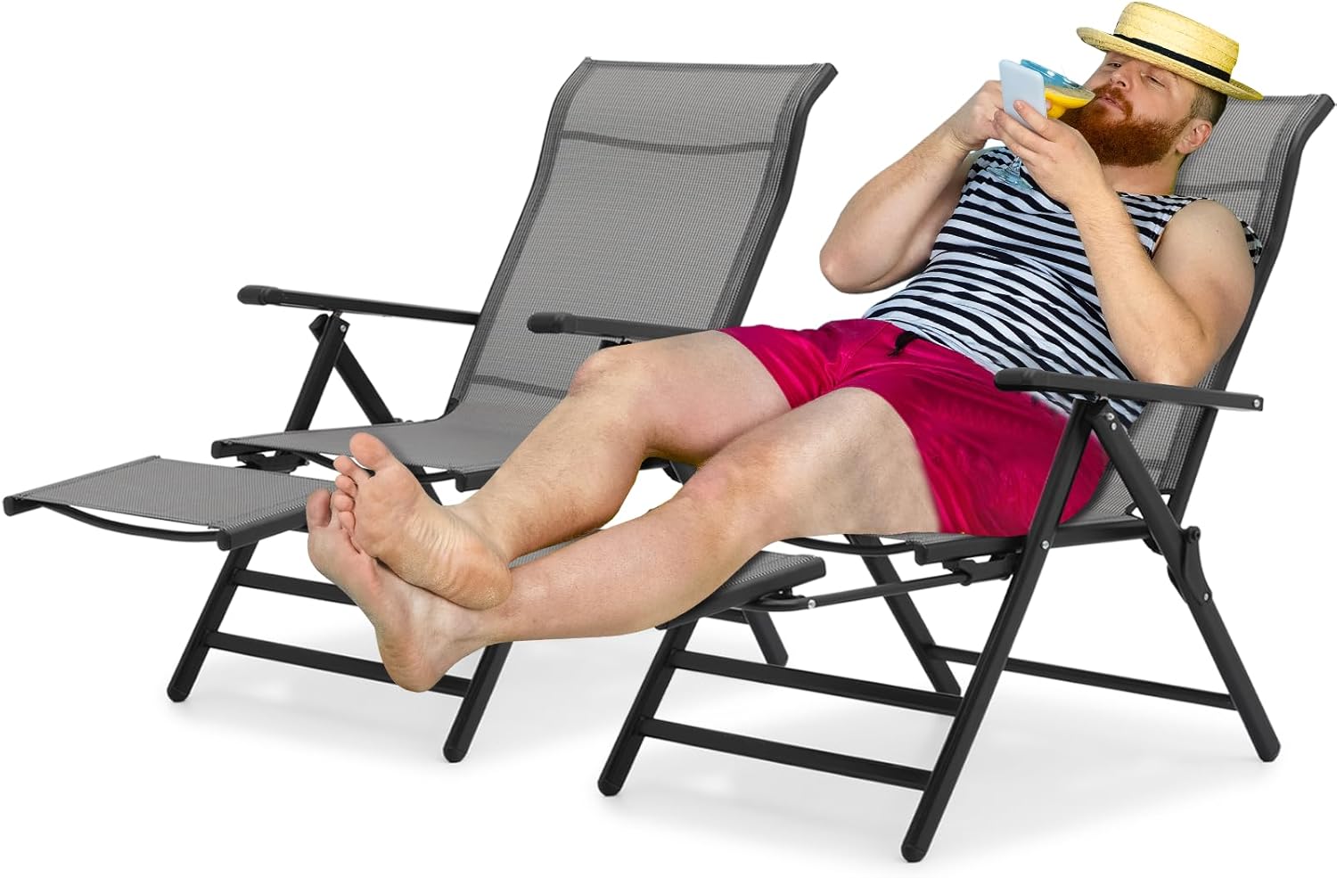 MoNiBloom 29-Inch Oversized Lounge Chair Set of 2 Patio Folding Lawn Chairs XL Outdoor High Back Chair Camp Reclining Chair with Retractable Footrest for Poolside Backyard, Gray