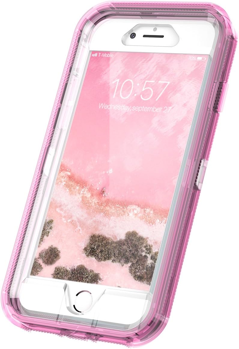 iPhone 8 Case, iPhone 7 Case, Dexnor Transparent Hybrid Shockproof Heavy Duty Protection Rubber Silicone + Hard PC 3 in 1 Cover Defender for iPhone 8/7/6s/6 (4.7”) - Clear Pink