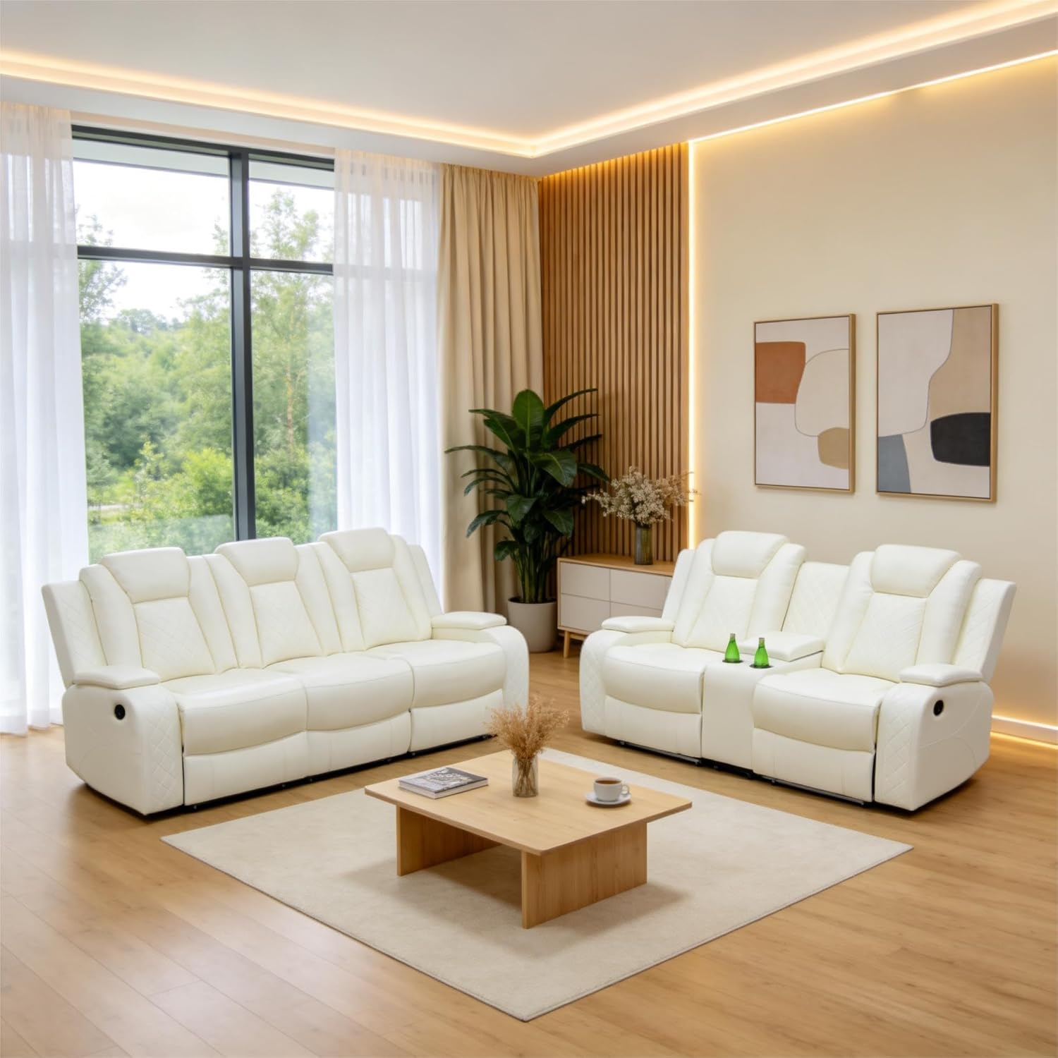 Power Recliner Sofa with LED Light, Sectional Couches for Living Room, Breathing Leather Reclining Set,Living Room Furniture for Home Theater Seating,RV,Office(Loveseat+Sofa,Creamy White)