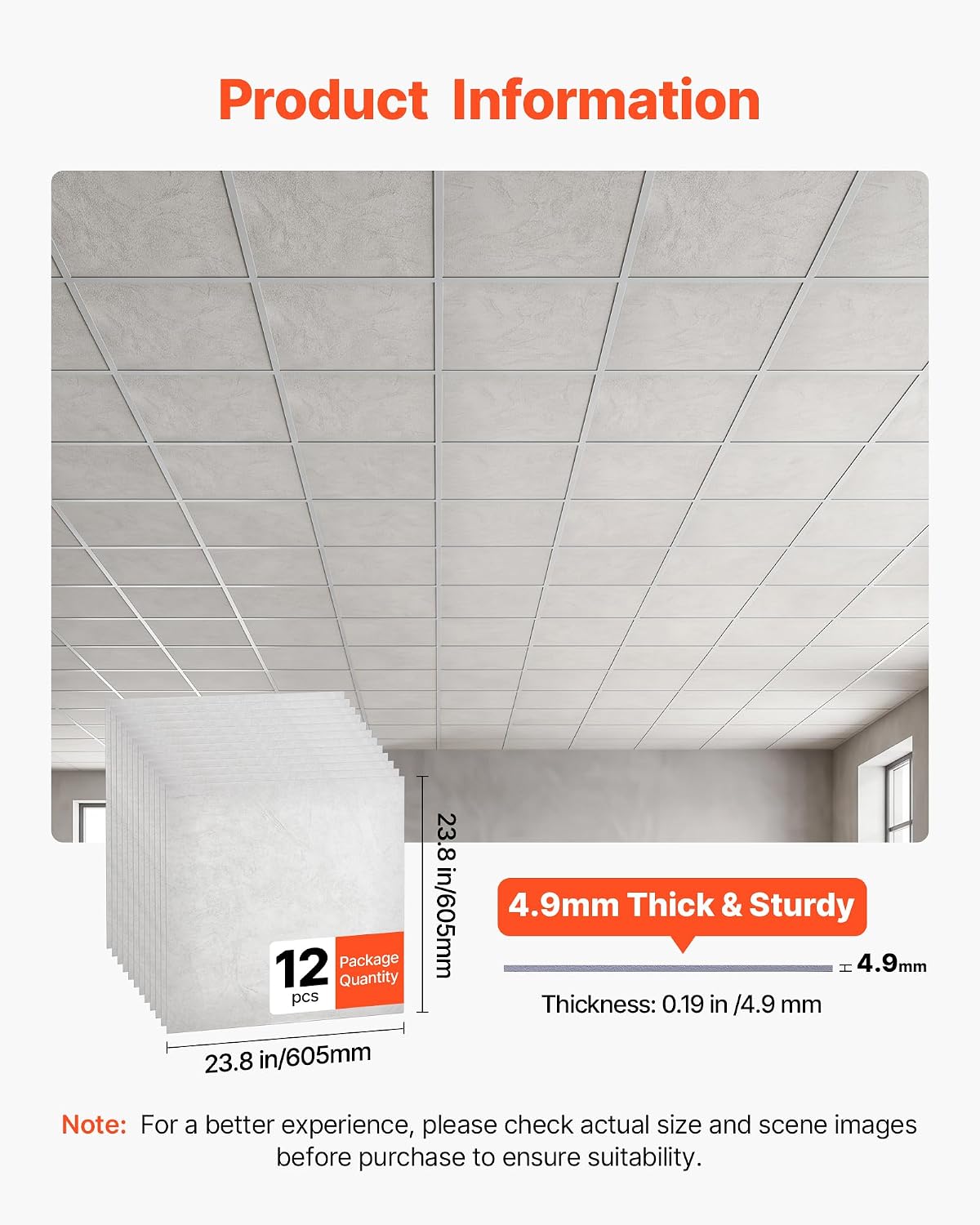 VEVOR 24 x 24 in PVC Ceiling Tiles 12-Pack Drop Ceiling Panels White Marble, PVC Foam Board, Grid Fit, Water-Resistant, Flexible Cut, Easy to Clean, Modern Decorative Finish for Home, Office Areas image 2