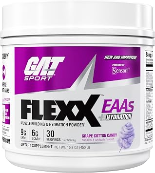 GAT SPORT FLEXX EAAs New & Improved 9g EAAs + Ashwagandha | Muscle Recovery & Hydration | 3rd Party Tested | 30 Servings Grape Cotton Candy