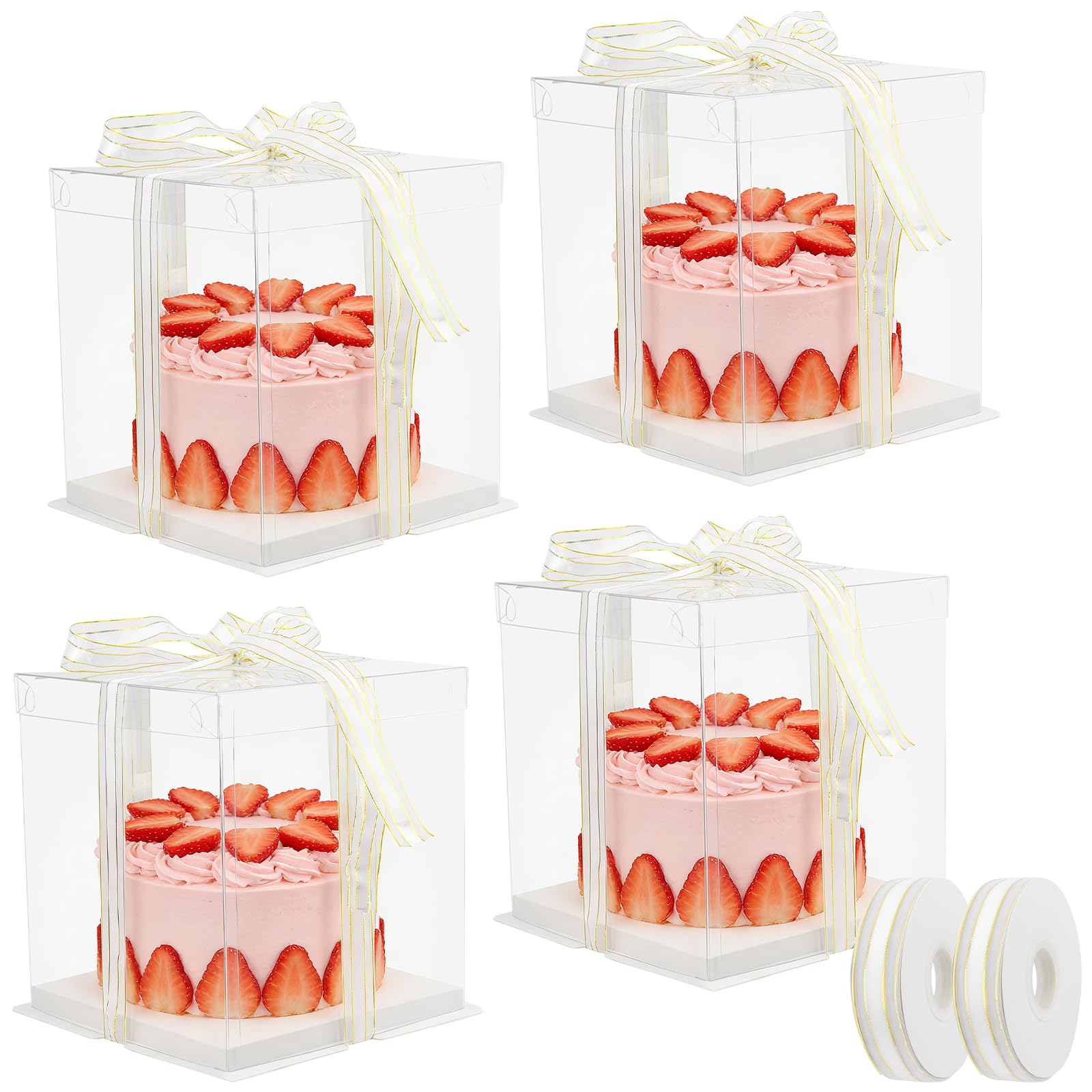 PINGEUI 4 PCS Transparent Cake Boxes, 21.5 x 21.5 x 24cm Clear Cake Packaging Box Double Layer with Base and Ribbon, Clear Plastic Gift Box for Birthday, Wedding and Festival Party