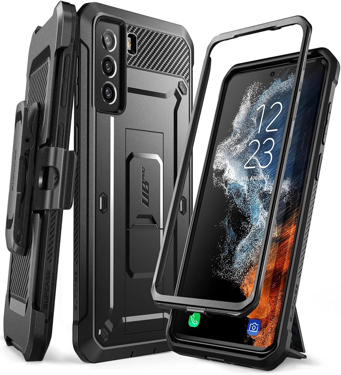 for Samsung Galaxy S22 Plus Case with Built-in Kickstand, Black | 1x Front Frame, Charge Port Cover, Belt Clip Holster, Military-Grade Protection, Anti-Slip, Shockproof, Unicorn Beetle Pro