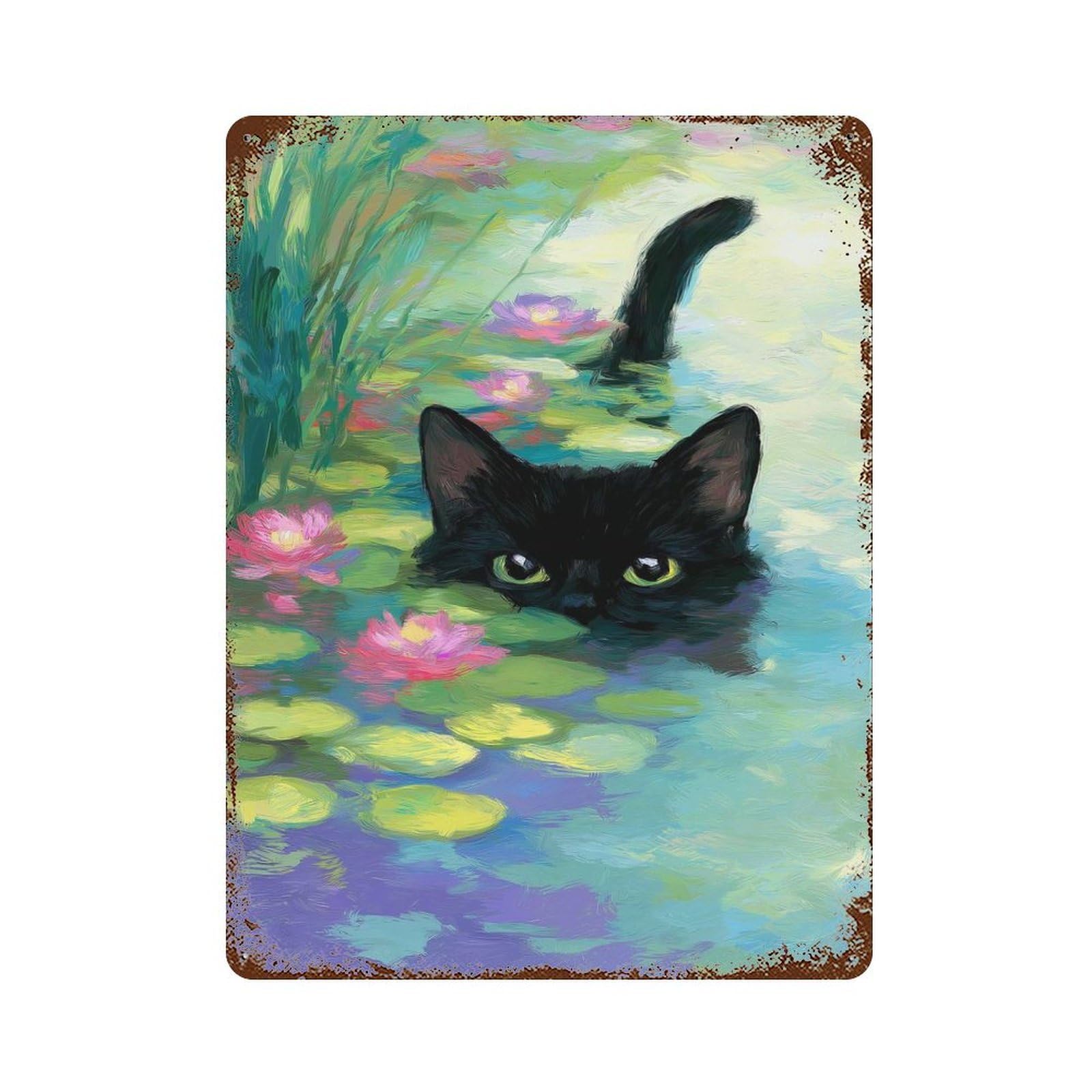 Aged Metal Wall Plaque with Black Cat in Lily Pond Painting Design 15.7"x11.8", for Cafe, Home Bar And Lounge Decor, Novelty Wall Decor