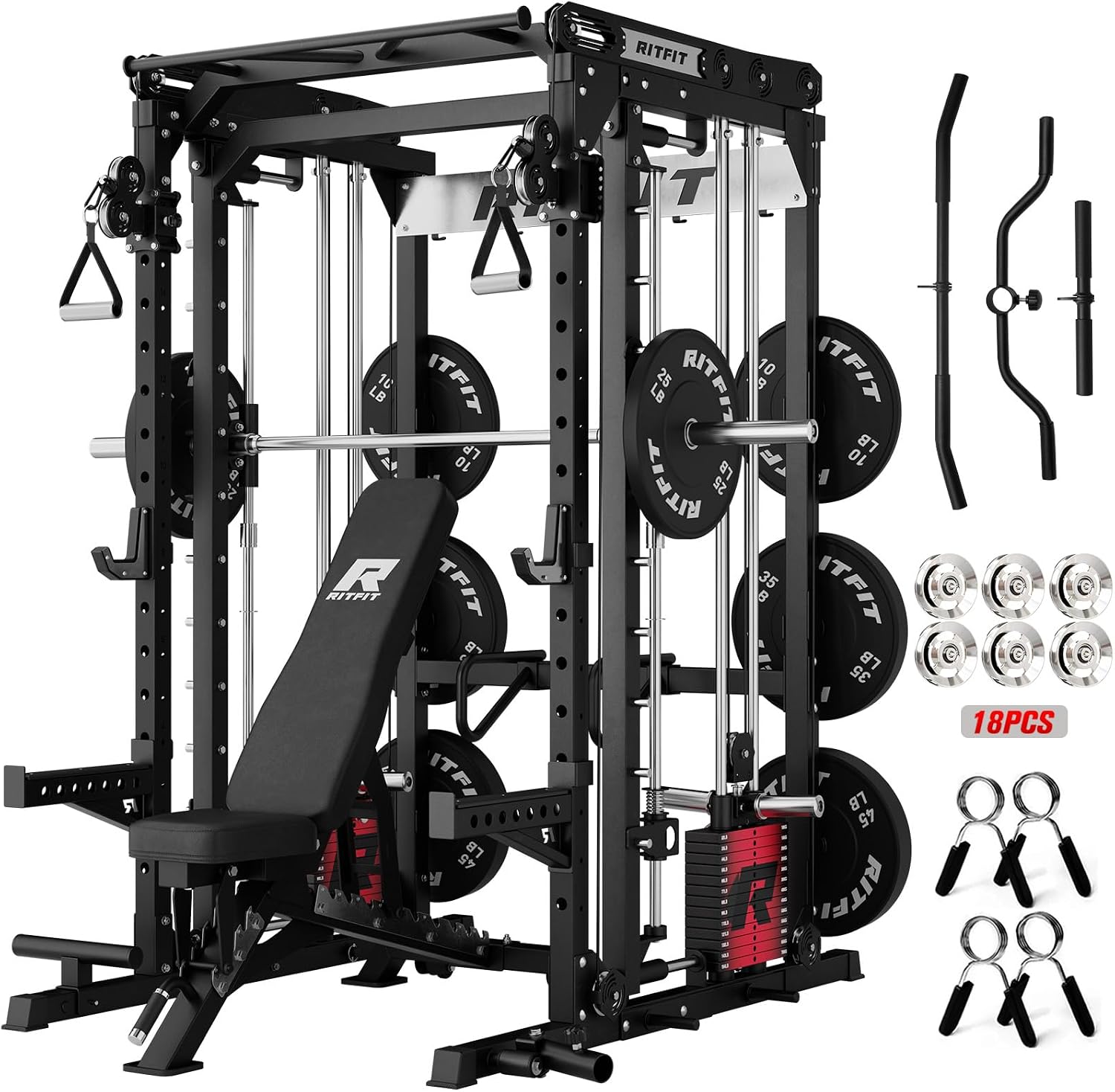 RITFIT M2 Pro 3D Smith Machine Home Gym with 286LB Built-in Weight Stack | 3D Smith Machine with Free-Weight Bar Path, 2000LB Capacity, Adjustable Weight Stack, Aluminum Pulley Cable System