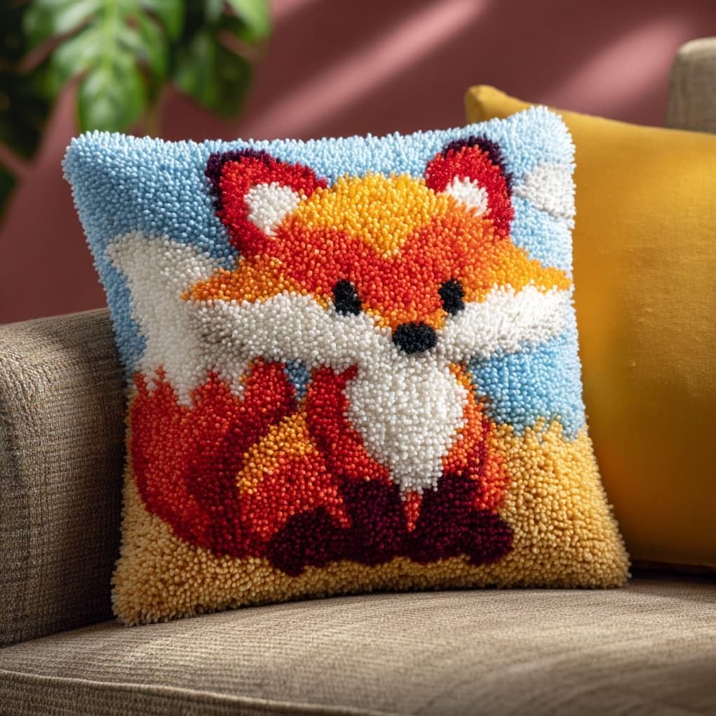 WallustrioaW Latch Hook Kit,Cartoon Little Fox,Latch Hook Kits Pillow for Adults Embroidery Pattern Printed Canvas Creativity Crochet Gift,17x17in