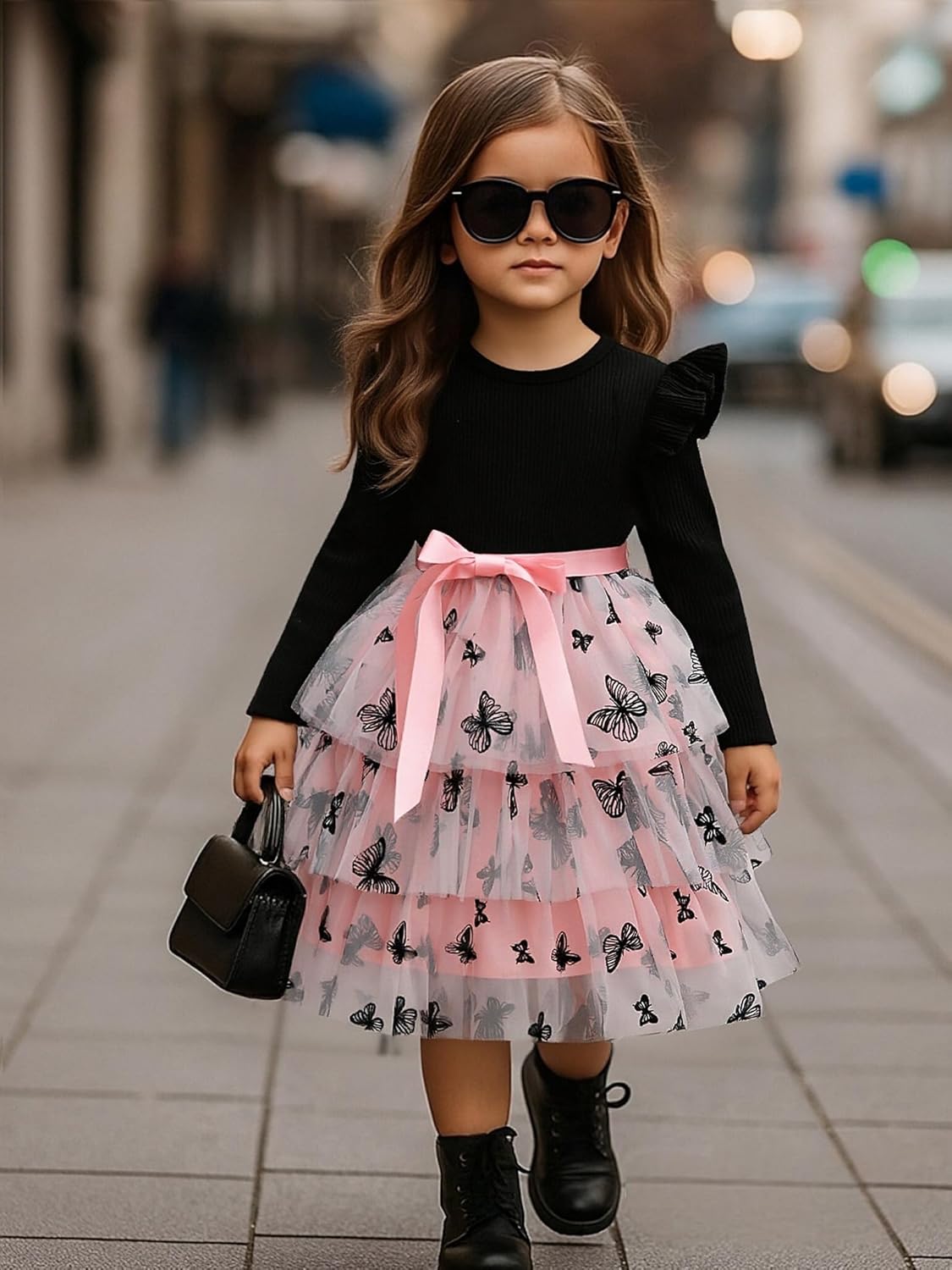 Toddler Dress Girls Ruffle Long Sleeve Layered Tulle Dress Fall Spring Fashion Party Dresses 2-6Y