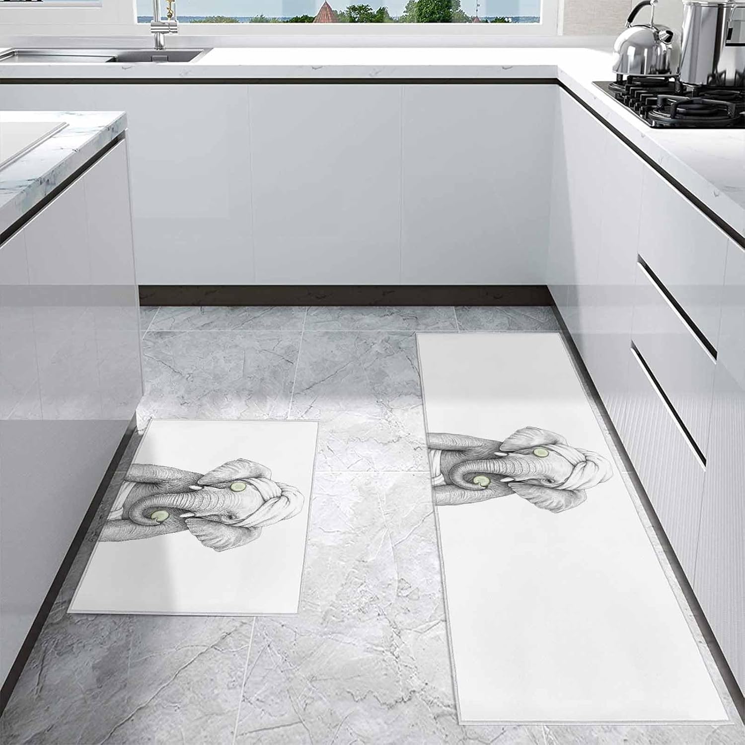 Kitchen Mats for Floor Abstract Elephant Cucumber SPA Washable Non Slip Kitchen Rugs 2PCS, Funny Animal Shower Art Absorbent Standing Mats for Sink Bathroom Office Living Room 15.7x23.6in+15.7x47.2in