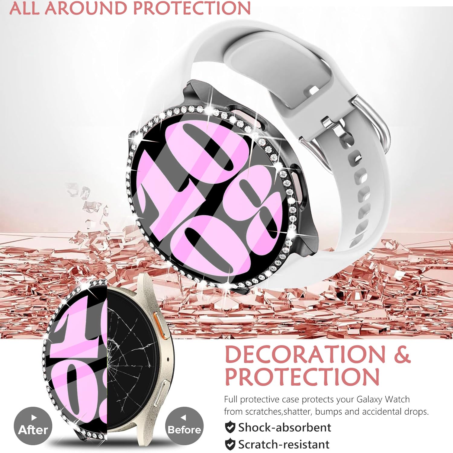 DEALELE [2-PACK] Case Compatible with Samsung Galaxy Watch 5/4 44mm, Bling Single-Row Diamond PC Protective Case Replacement Watch Cover Bumper (44mm, Gold+Transparent) — view 254