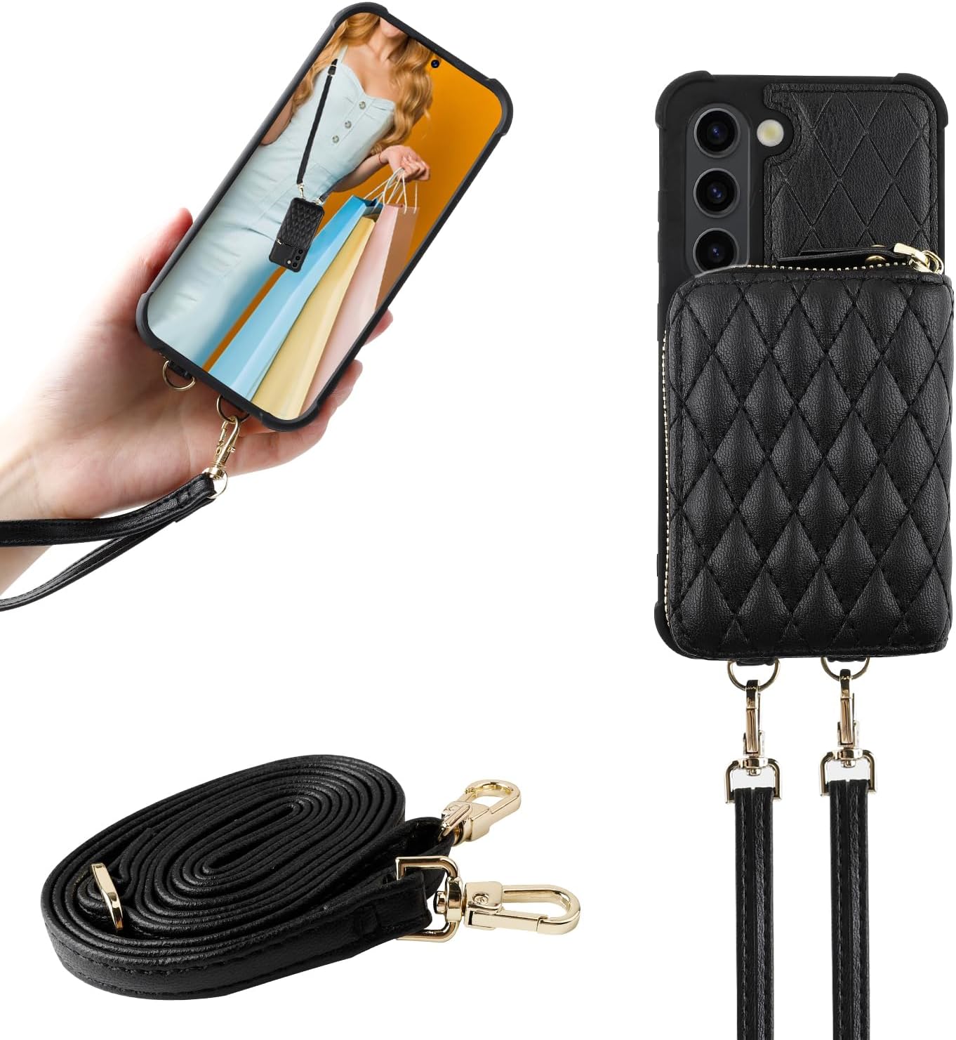 MONASAY Zipper Wallet Case Fit for Galaxy S23+ Plus, [RFID Blocking] Flip Leather Handbag Phone Cover with Card Holder and Crossbody Shoulder Lanyard Strap, Black