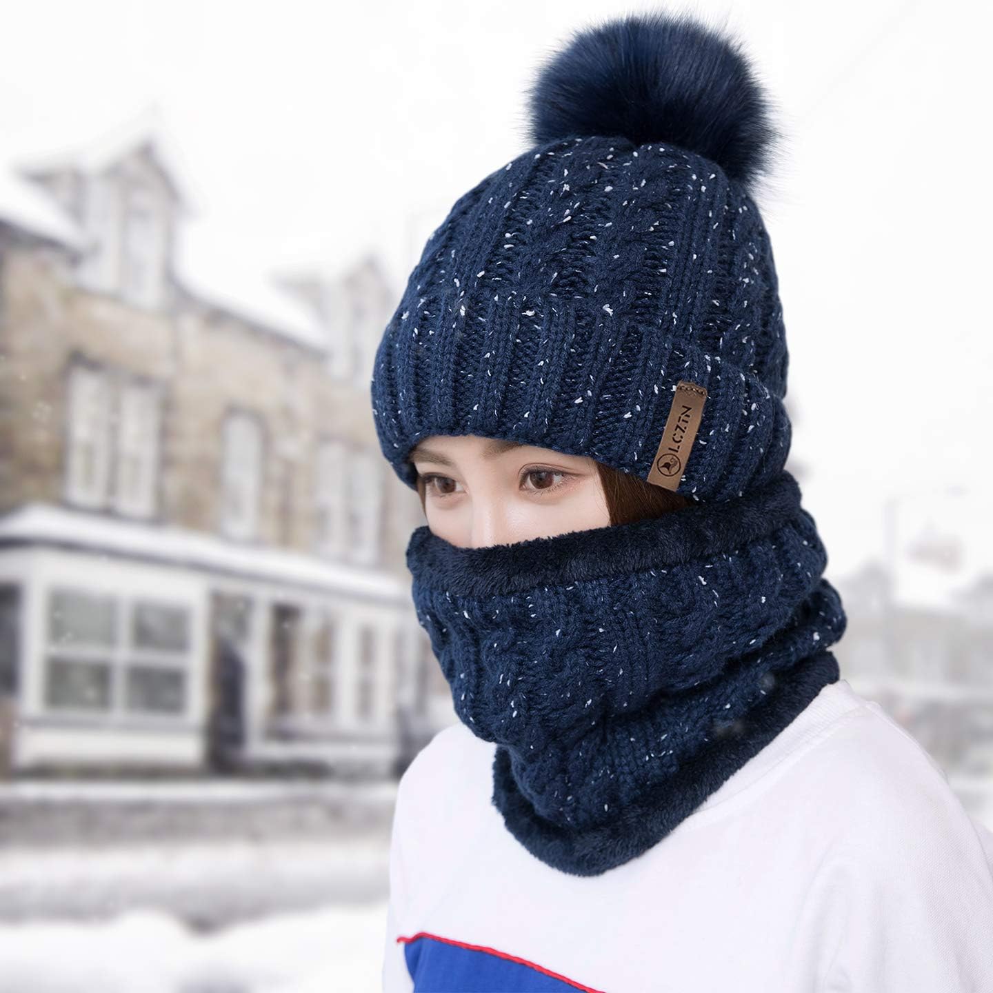 LCZTN Womens Pom Beanie Hat Scarf Set Girls Cute Winter Ski Hat Slouchy Knit Skull Cap with Fleece Lined - Image 6