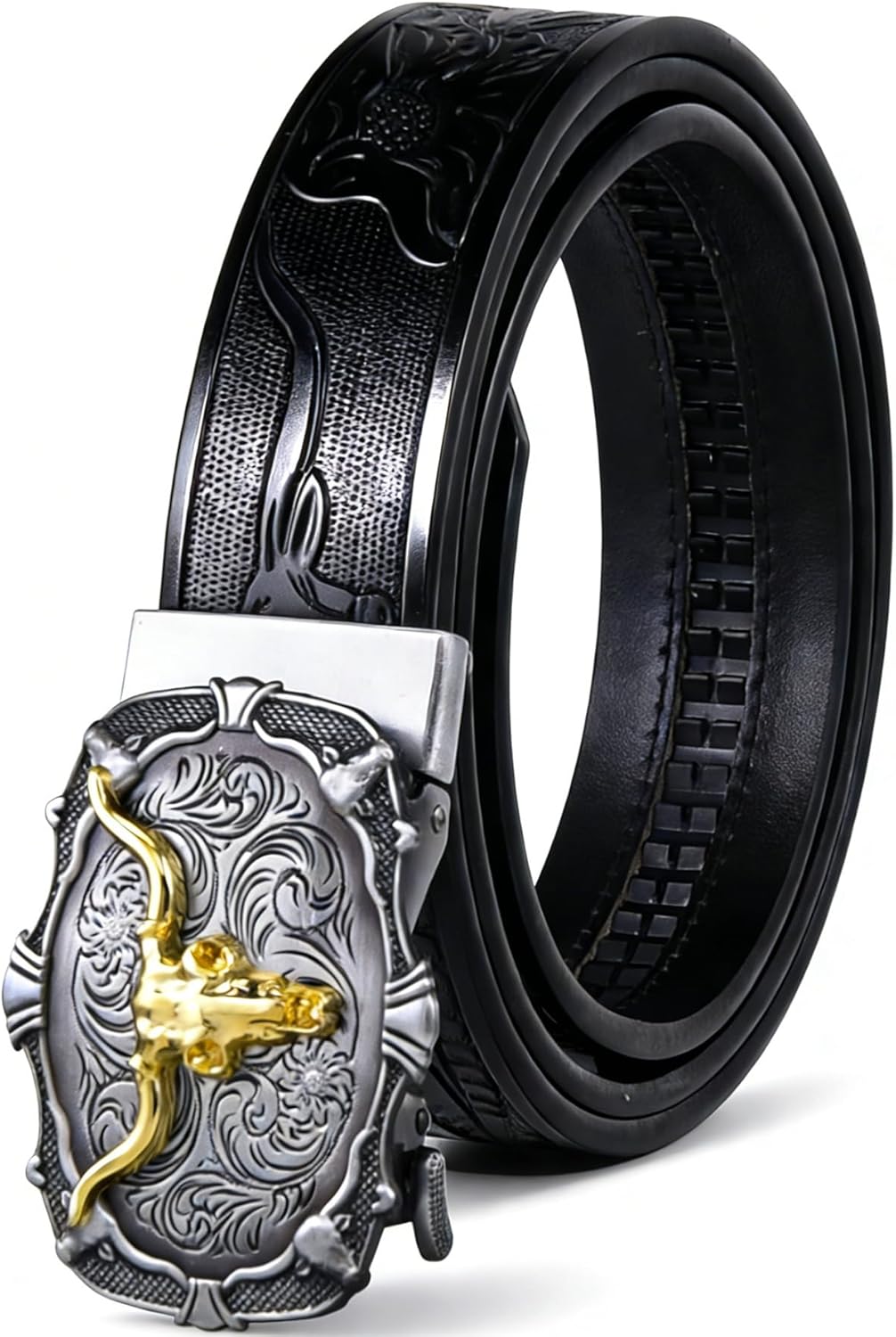 Mens Ratchet Cowboy Belt Leather Western Belts for Men with Automatic Cowboy Buckle