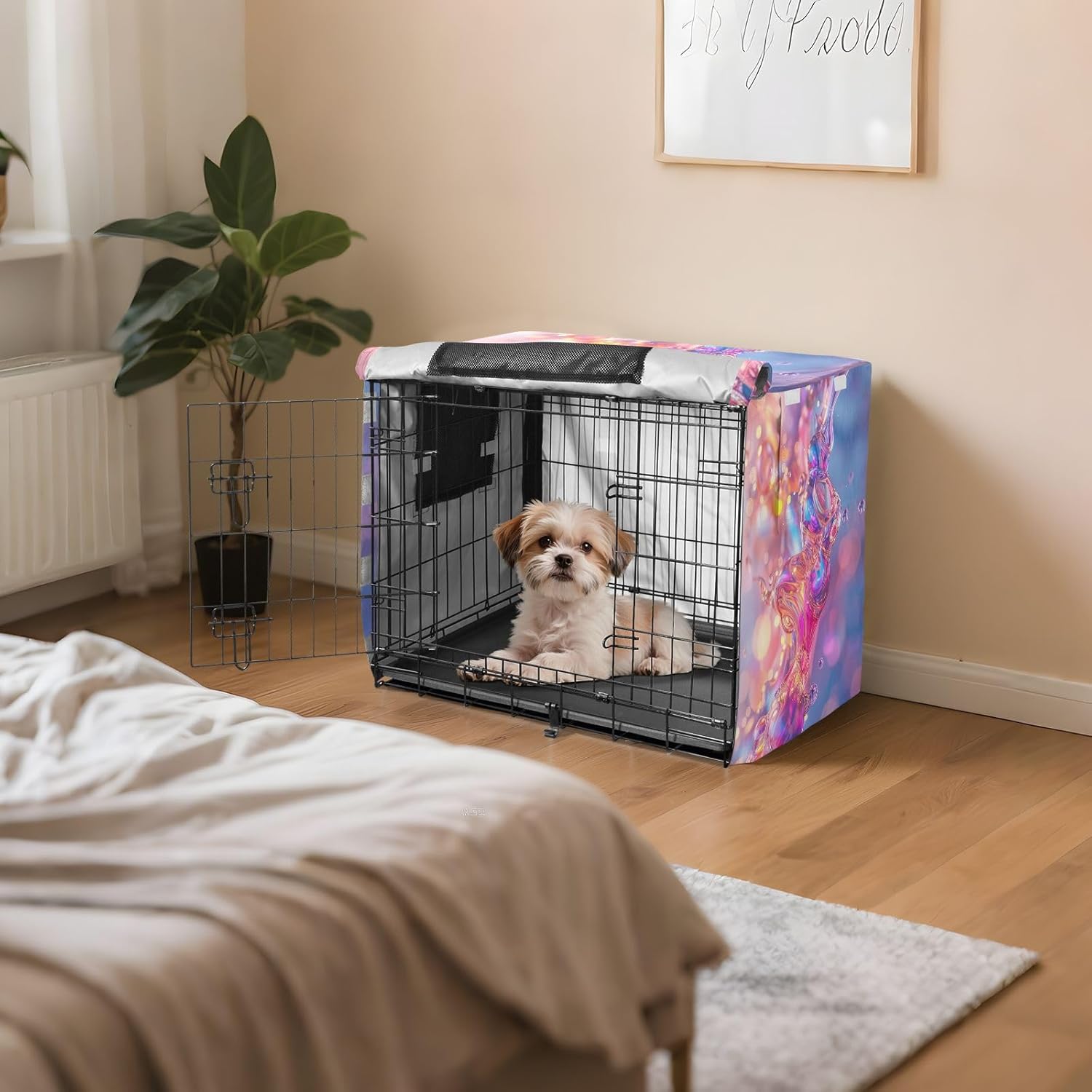 Clear Vibrant Water Like Dog Crate Cover S-XL Breathable Pet Cage Cover with Mesh Windows, Reduces Barking, Large