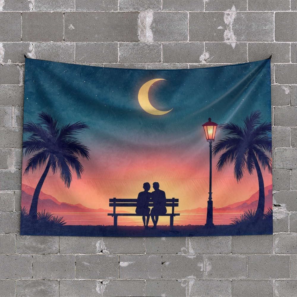 MZBS Funny Room Decor A Couple Sits On A Bench Under A Crescent Moon. Tapestry Wall Decorations Hanging Decorations For Bedroom(75X100CM)