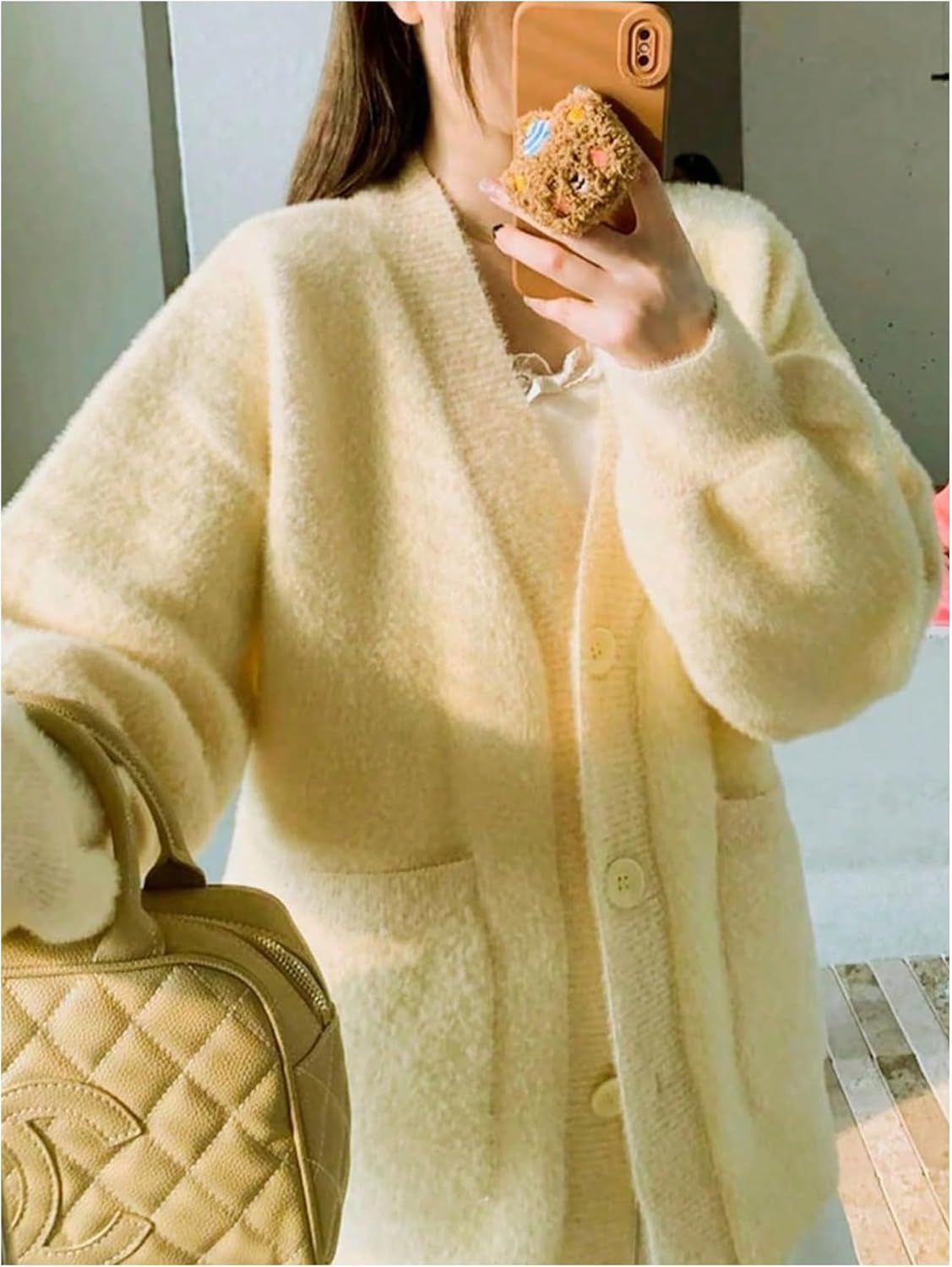 MakeMeChic Women's Fuzzy Cardigan Sweaters Button Down Long Sleeve V Neck Knit Furry Oversized Sweater - Image 3