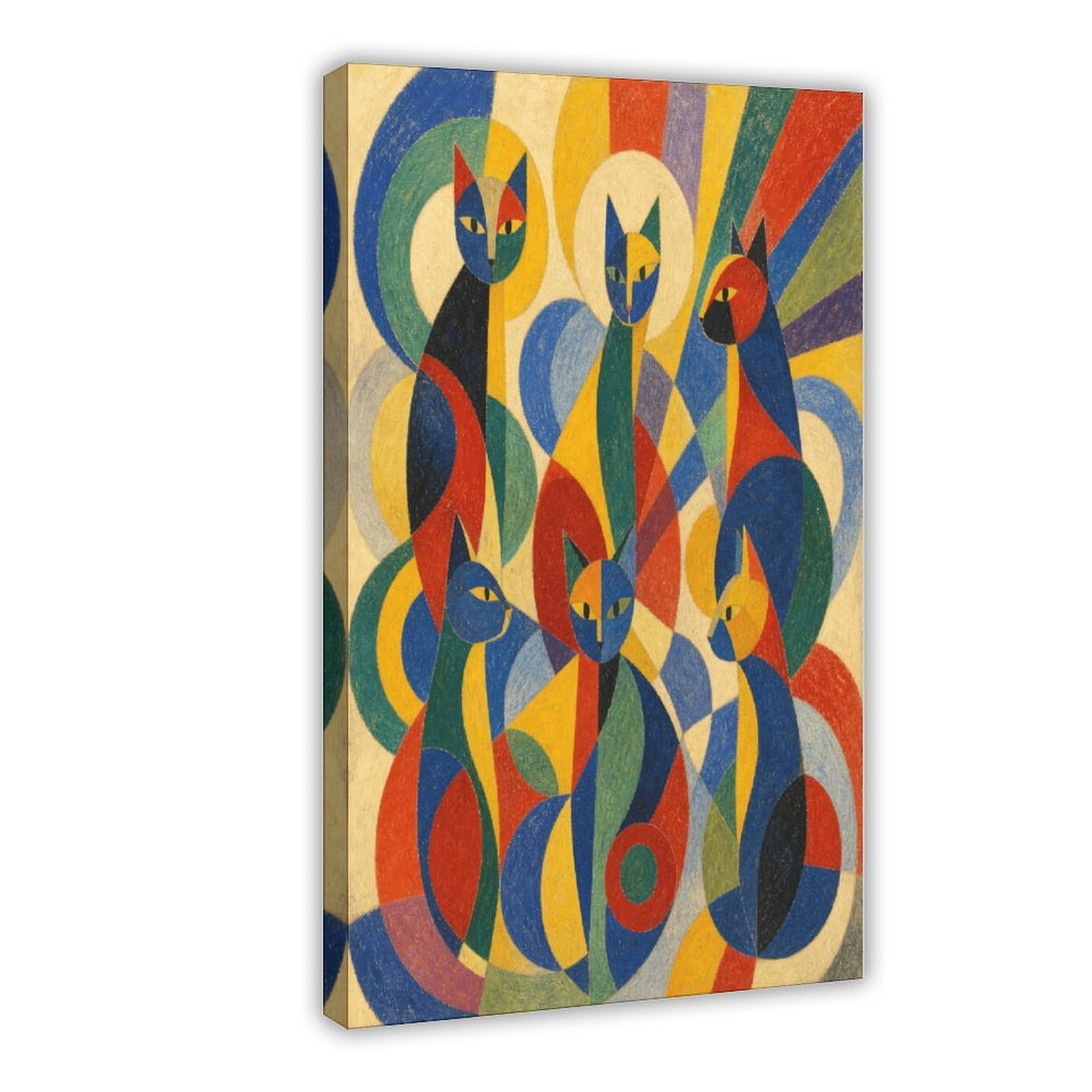 H3b8u2y5 Frame-Style-19 Colorful Cat Group Canvas Wall Art, Cubist Bedroom Wall Art