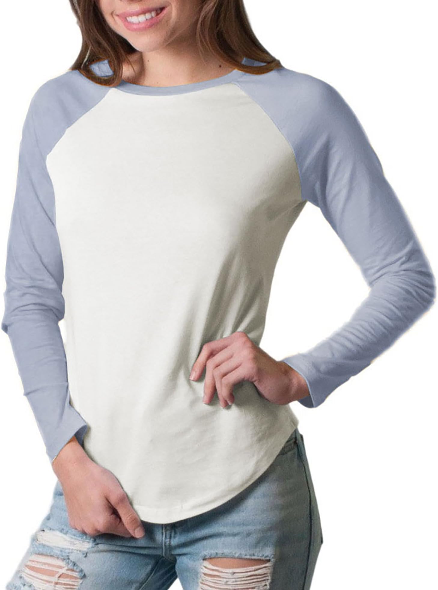 Friday Chic Women's Raglan Long Sleeve Baseball Shirt (X-Large, Pale Blue/Ivory)