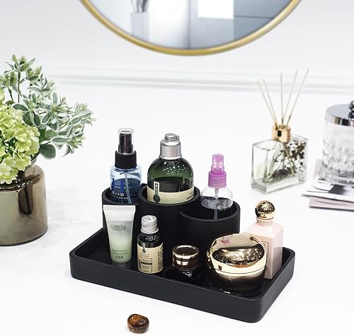 Miniatura 6 de Bandeja de resina para cepillo de dientes para encimera de baño, bandeja de almacenamiento multifuncional 2 en 1 de diseño integrado con 3 soportes