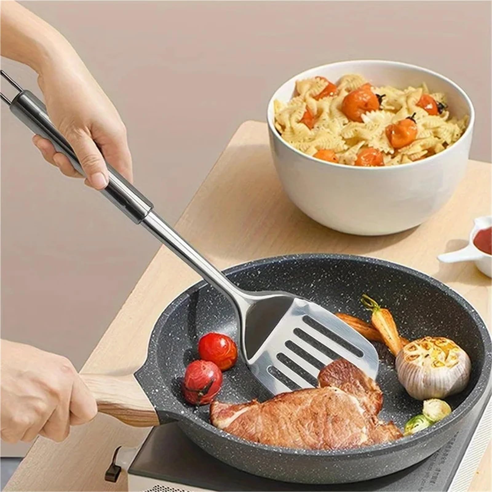 4PCS Edelstahl Wok Spachtel Metall Küche Zubehör Schlitz Turner Reis Löffel Schöpfkelle Kochen Werkzeuge Utensil Set für Antihaft-Kochgeschirr