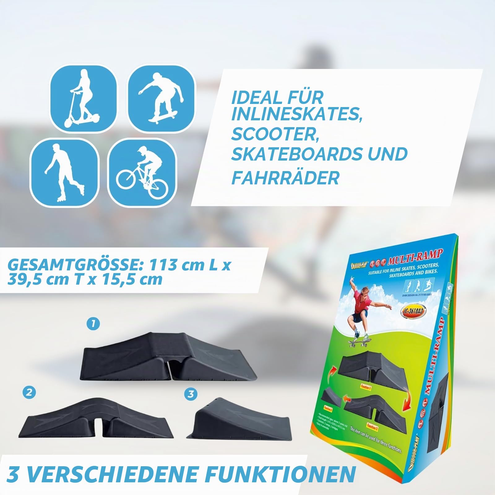 Outdoor Play | Skater Rampe mit DREI Funktionen | Skate Ramp für Skateboard, Inliner, Rollschuhe, Fahrrad, RC Cars, BMX Bikes, Skates. Nicht für Stuntroller oder Scooter geeignet!