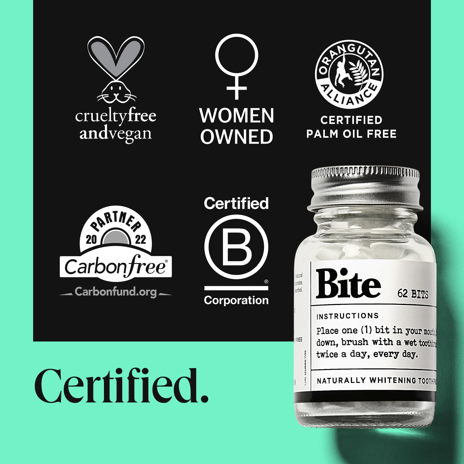 Bite Whitening Toothpaste Tablets – 2 Months – Fluoride Free, Nano Hydroxyapatite + Xylitol, Mint – Vegan, Cruelty-Free, Made in USA, Sensitive Teeth, Travel Size, Adults, Kids, (2 Bottles, 124 Tabs)