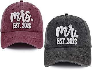 2 PCS Mr and Mrs Est 2023 Hats for Men Women, 3D Embroidered Adjustable Cotton Couples Gifts Baseball Cap