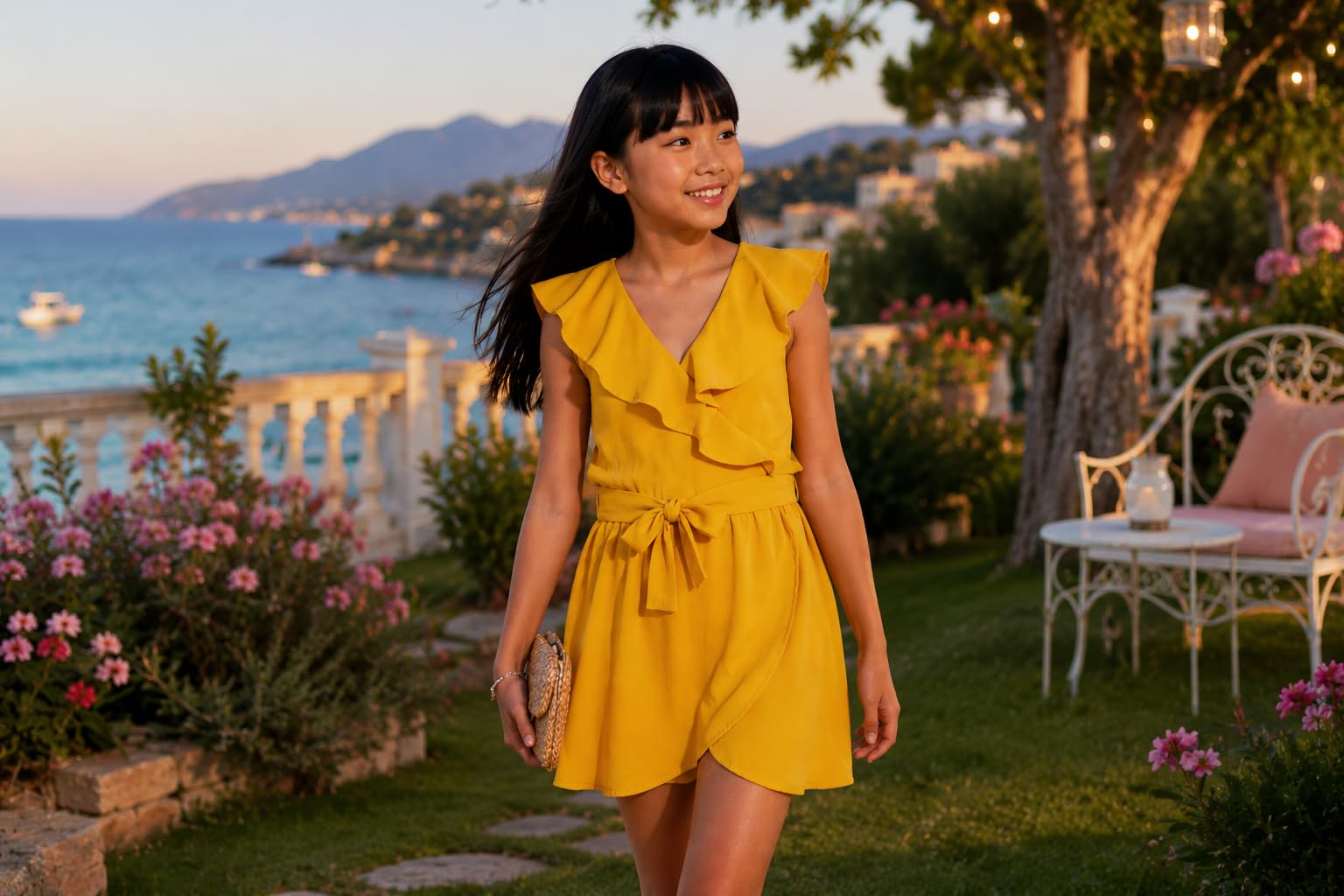 Jumpsuit Schleife mit Rüschen, Sommerkleid für Mädchen, elegantes und frisches gelbes Kleid für Zeremonien, Partys, Urlaub und besondere Anlässe, Modell 6816