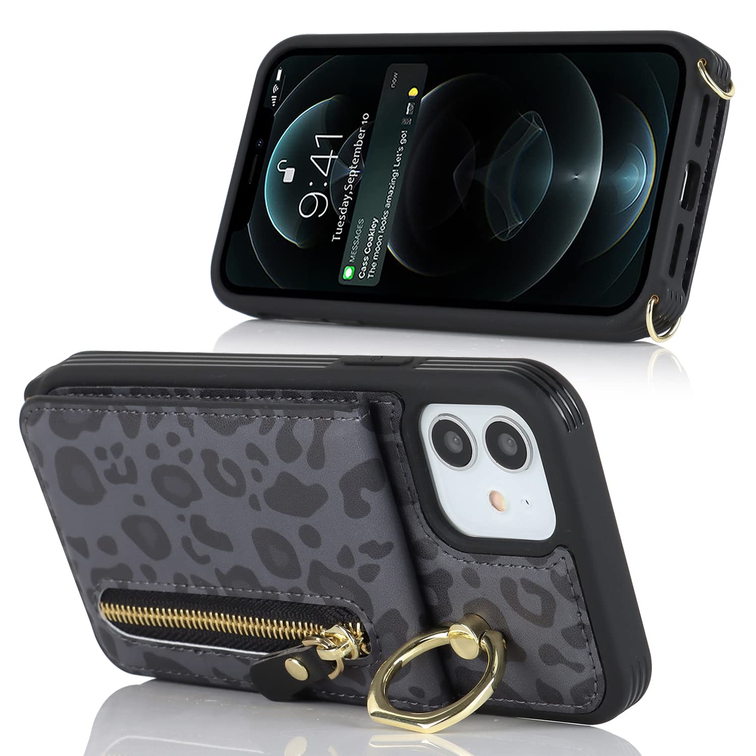 CAVOR Flip Hülle Für IPhone 12 Mini | Lederoptik Mit 4 Kartenfächern & Standfunktion | Druckknopf-Verschluss | Leopardenmuster Schwarz