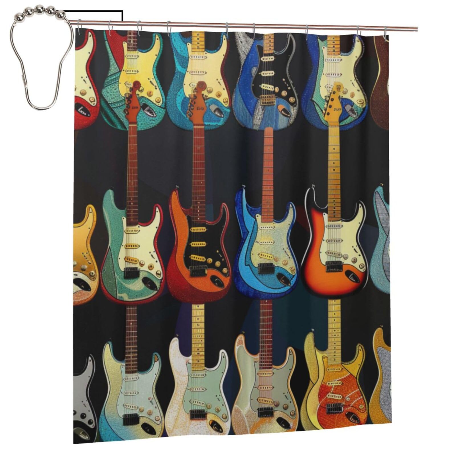 BWWHCCTI Art Guitar Pattern Printed Shower Curtain With 12 Iron Hooks Opaque Quick Drying Waterproof Shower Curtains Sets For Bathroom 152x183 Cm