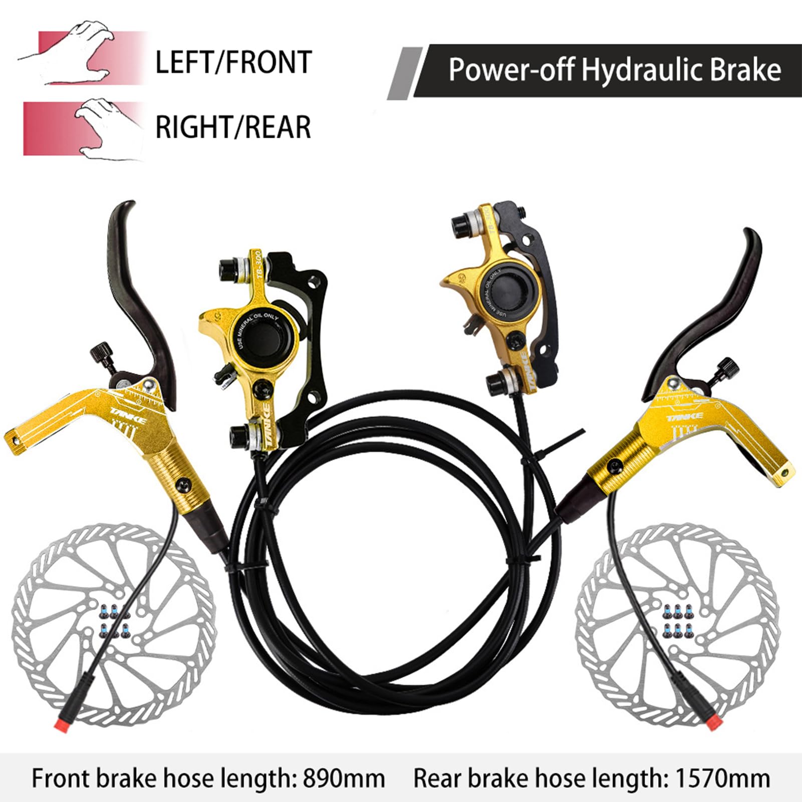 Zestawy hamulców tarczowych do rowerów Buachois, hydrauliczny zestaw hamulców do E-Bike z wirnikami 160 mm, dźwignie ciśnienia oleju 89 cm z lewej i 147 cm z prawej do elektrycznego skutera (złoto)