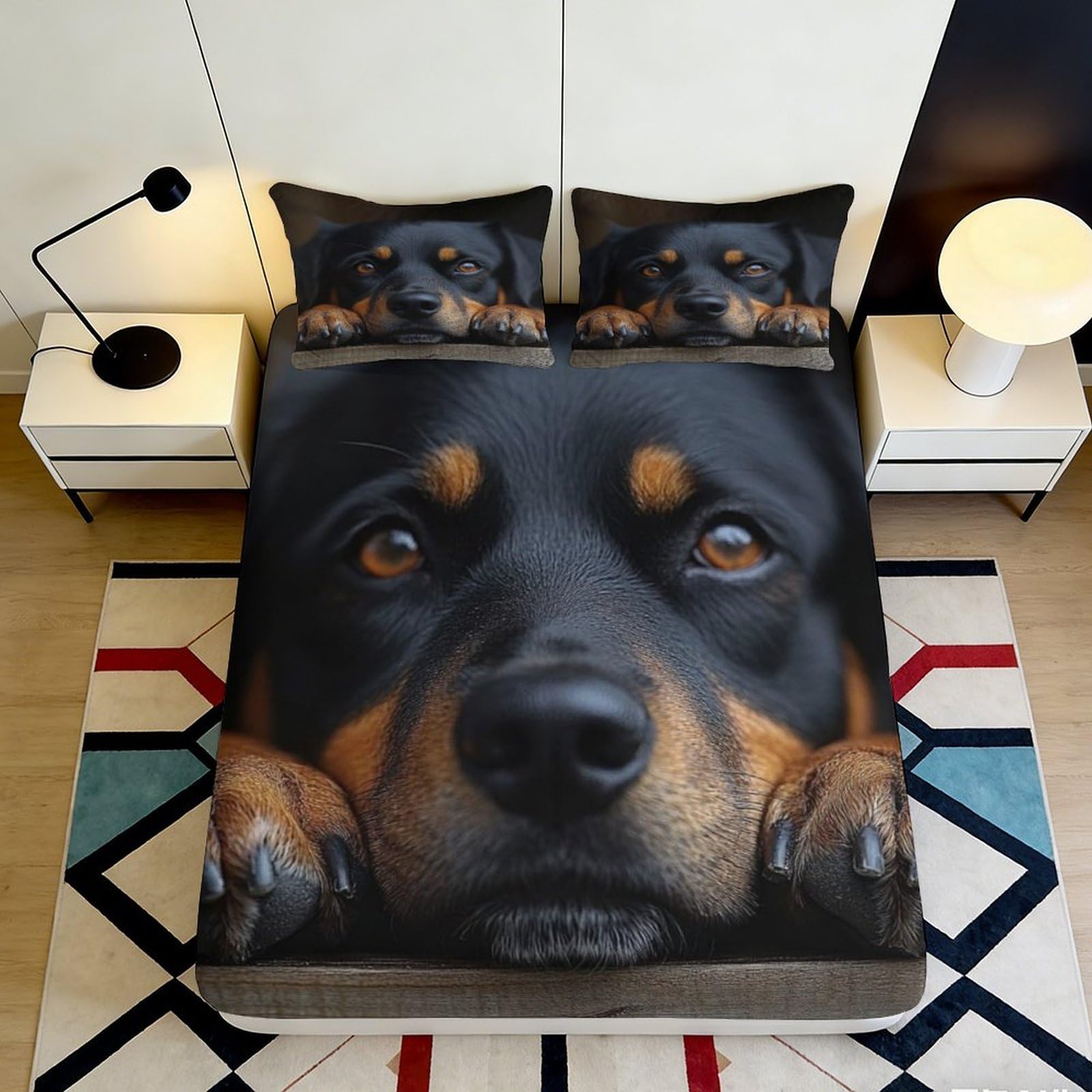 3D Printed Rottweiler Dog Fitted Sheet Microfiber Soft Breathable Black Brown Puppy Bed Cover for Bedroom Dormitory Guest Room Mattress Protection Decor 90x200x25cm