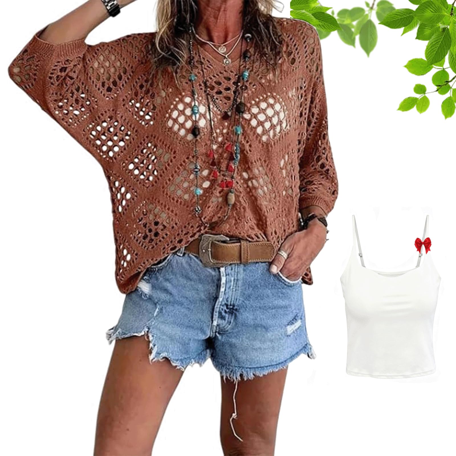 Top de Ganchillo Beige para Mujer Estilo Bohemio – Camisola de Punto Calado con Escote en V – Jersey de Verano Ligero y Suelto