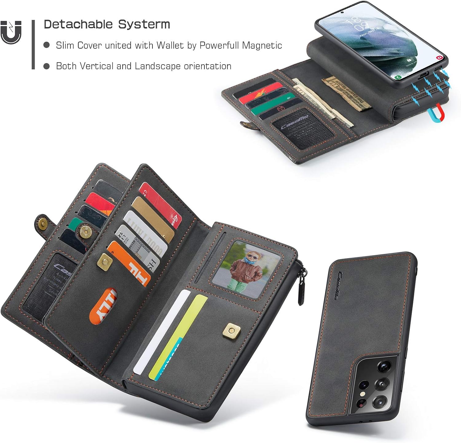 HAII for Galaxy S21 Ultra Wallet Case,Multi-Functional Leather Purse Flip Cover Zipper Wallet Case with Card Slots & Detachable Magnetic Phone Case for Samsung Galaxy S21 Ultra 5G 6.8 inch (Black)