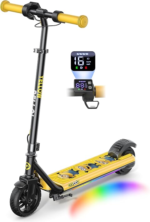 Gyroor H30Max E Scooter Kinder 6 bis 14 Jahre 150W Musik LED Doppelbremse | Elektroroller mit Bluetooth, Regenbogenlicht, 3 Stufen (10/13/16 km/h), höhenverstellbar, Vollgummireifen 60 kg, Minion