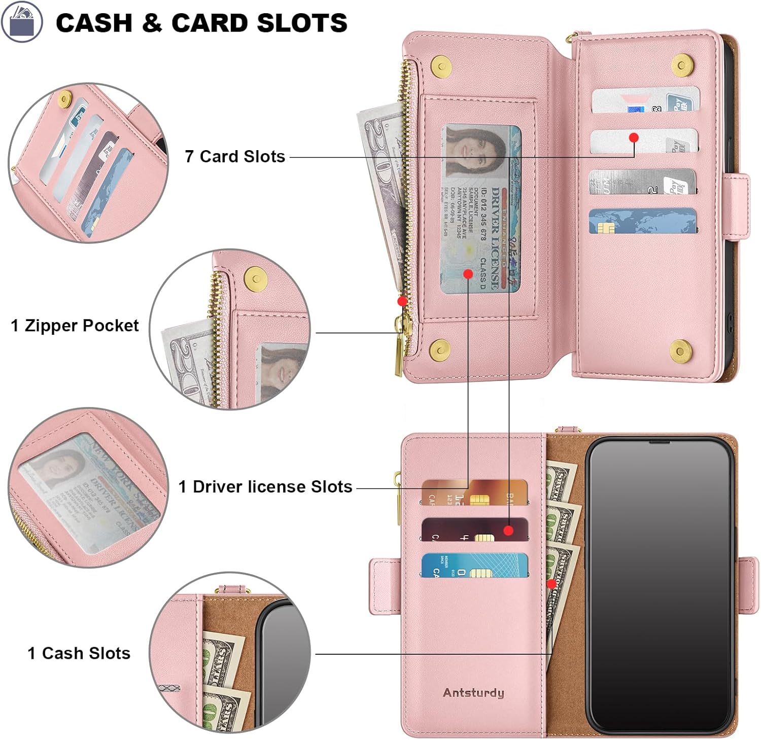 Antsturdy Compatible with iPhone 17e / 16e Wallet Case,RFID Blocking PU Leather Phone Case Women Men Kickstand flip Cover Wrist Strap Zipper Credit Card Holder Slots for Apple 17e / 16e,Pink