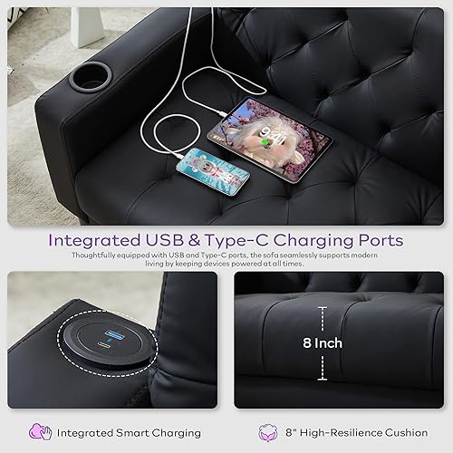 Miniatura 5 de TYBOATLE Mid-Century - Moderno sofá biplaza de piel sintética copetudo negro con 2 USB y 2 portavasos, juego de muebles de sala de estar, sofás