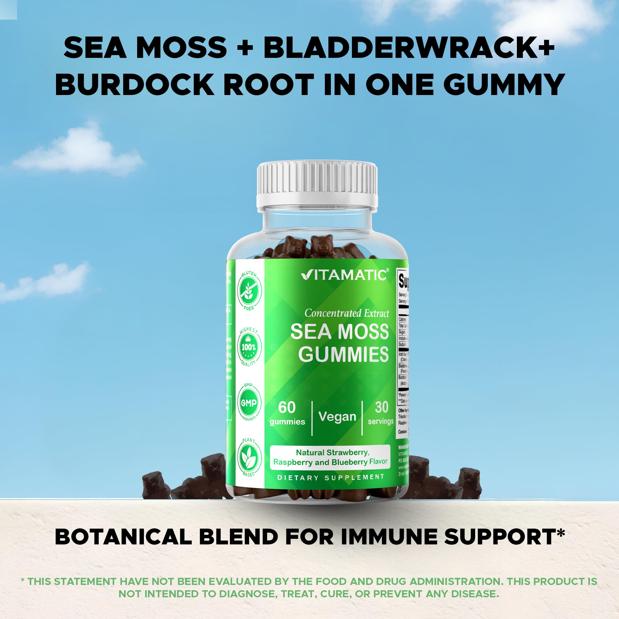 Vitamatic Irish Sea Moss Gummies with Bladderwrack & Burdock Root – Botanical Extract Supplement – Vegan, Non-GMO – 60 Count - 3 Pack — Amazon image 5