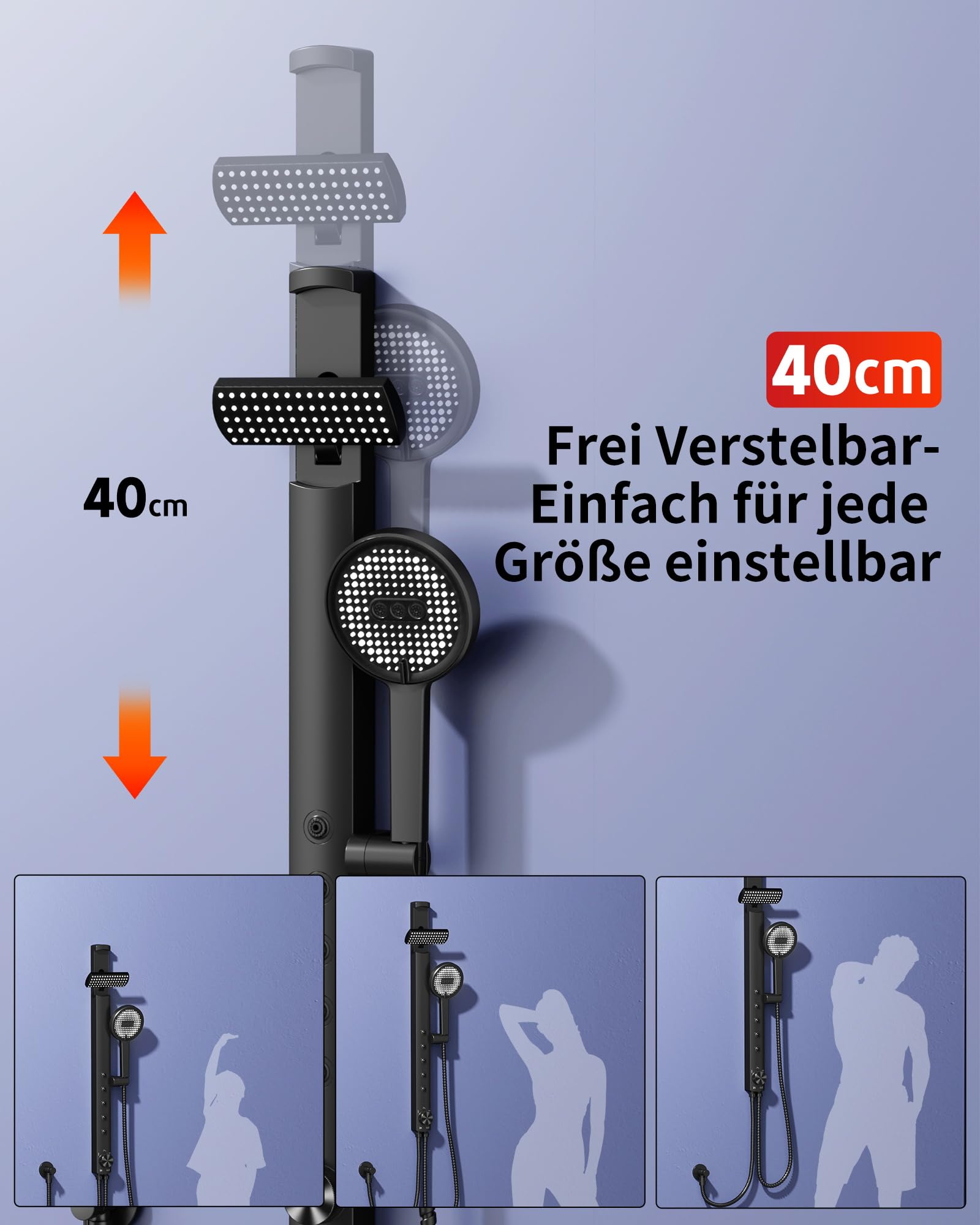 Rainsworth Regendusche ohne Armatur, Höhenverstellbares Duschset, Schwarz | Duschsystem mit 3 Strahl Handbrause, Schlauch & Halterung, 40cm Verstellbare Duschstange für Komfortable Badezimmer Duschen