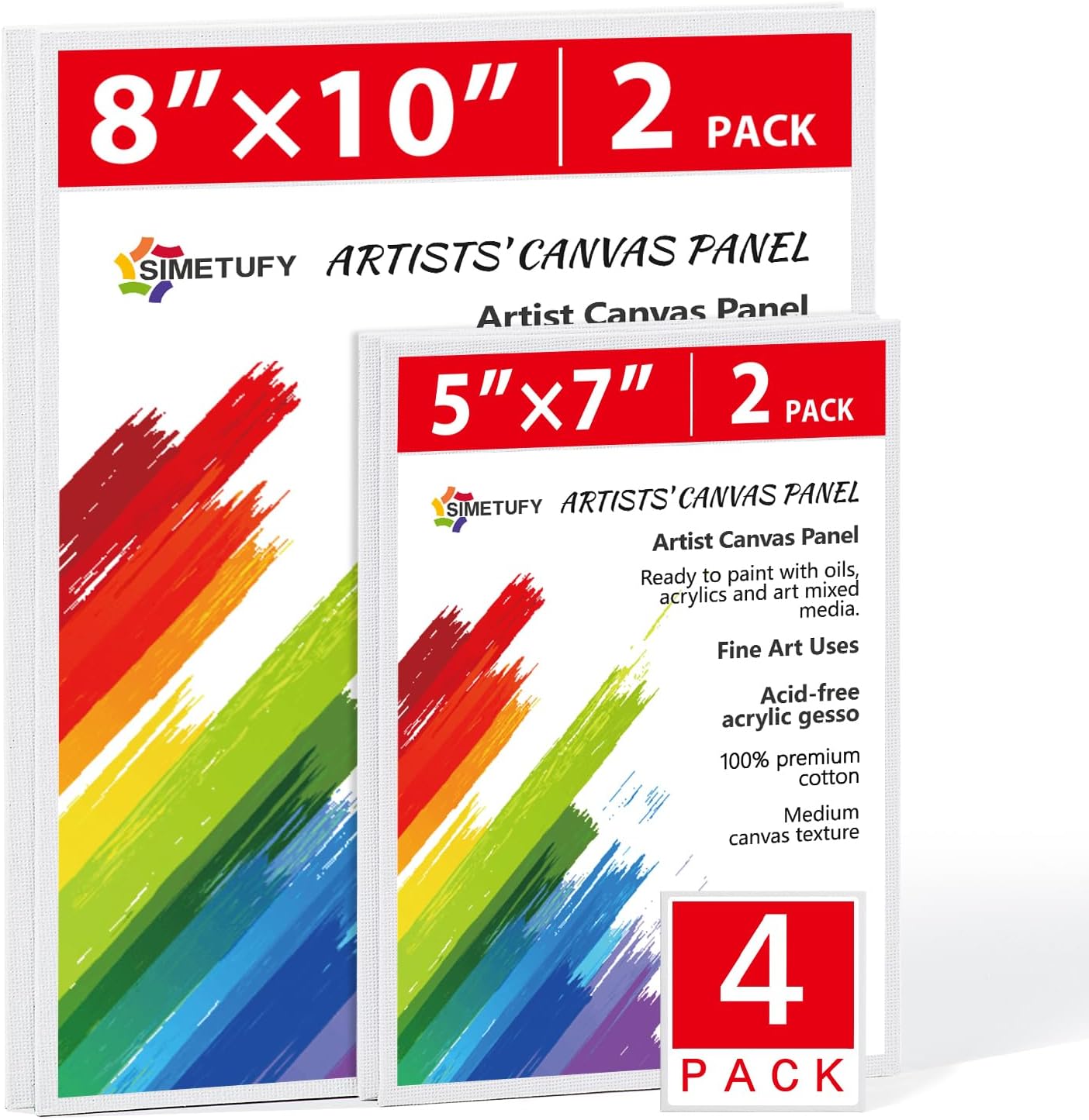 Simetufy Canvas Boards for Painting 4 Pack White Canvas Panels - 5x7, 8x10 Inches, Pre-Primed 100% Cotton Paint Canvas for Kids Blank Canvases for Oil Acrylic Paint