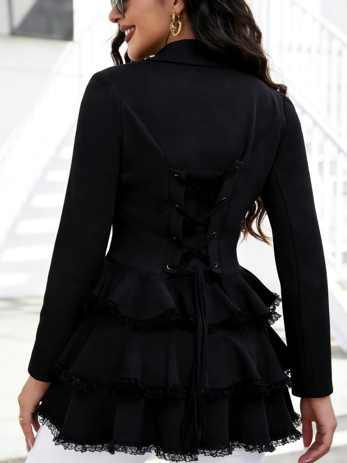 Nihsatin Women Double Breasted Victorian Steampunk Blazer Coat Jacket with Lace Hem - Image 2