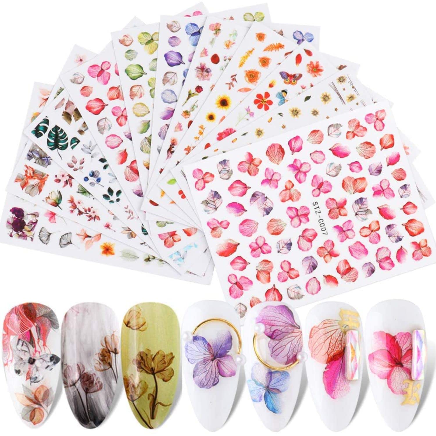 FAMEZA 12 Flowers Nail Art Stickers Decals 3D Nail Art Supplies Butterfly Nail Art Stickers Free Tweezer