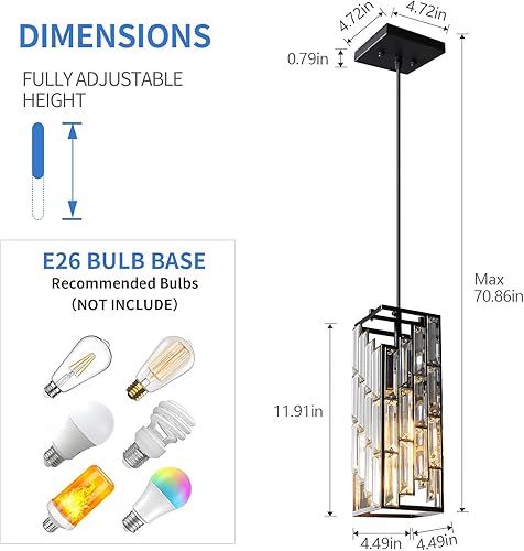 Miniatura 3 de Lámpara colgante negra moderna, mini candelabros de cristal, lámpara colgante ajustable para cocina, isla, comedor, dormitorio (paquete de 1)