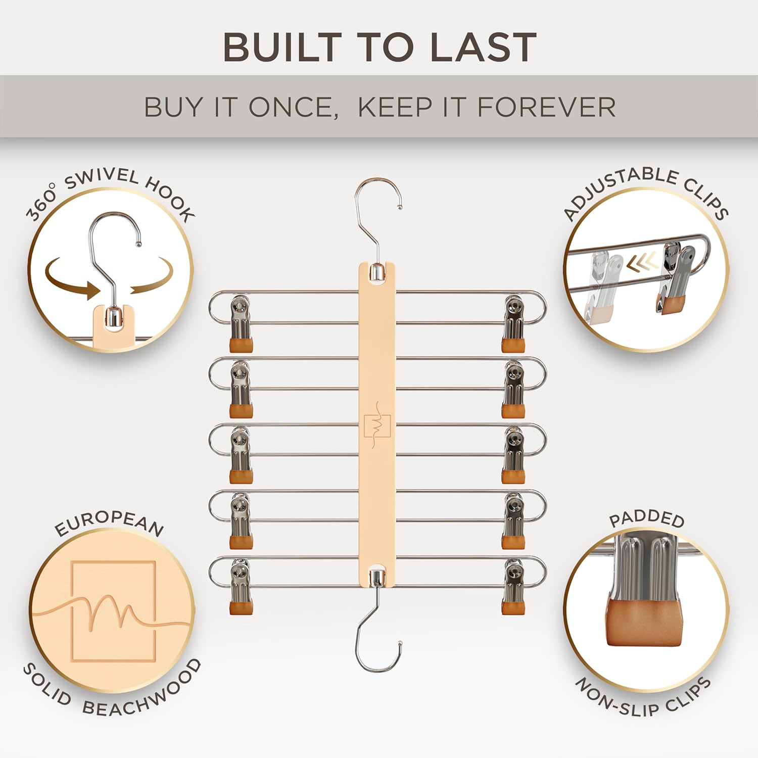 MORALVE Skirt Hangers Space Saving with Clips - 2 Pack - European Beechwood 5-Tier Hanger for Shorts, Skirts, and Pants - Closet Organizer and Storage Solution for Women with 360° Swivel Hook