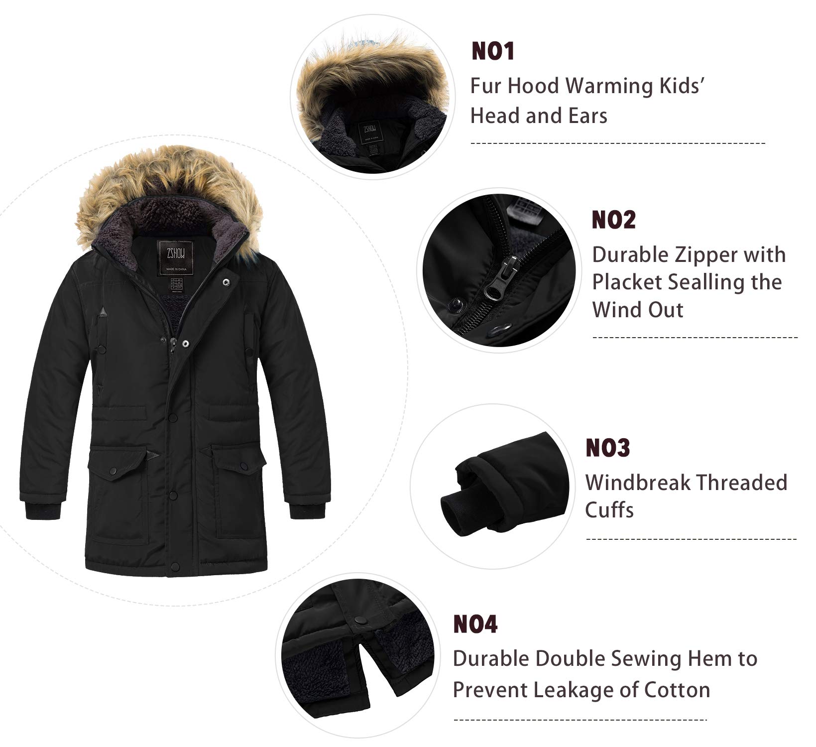 ZSHOW Garçons Hiver Coton Manteau Rembourré Imperméable Veste Fourrure Synthétique Capuche Manteaux Chauds Veste Matelassée Parka Coupe-Vent