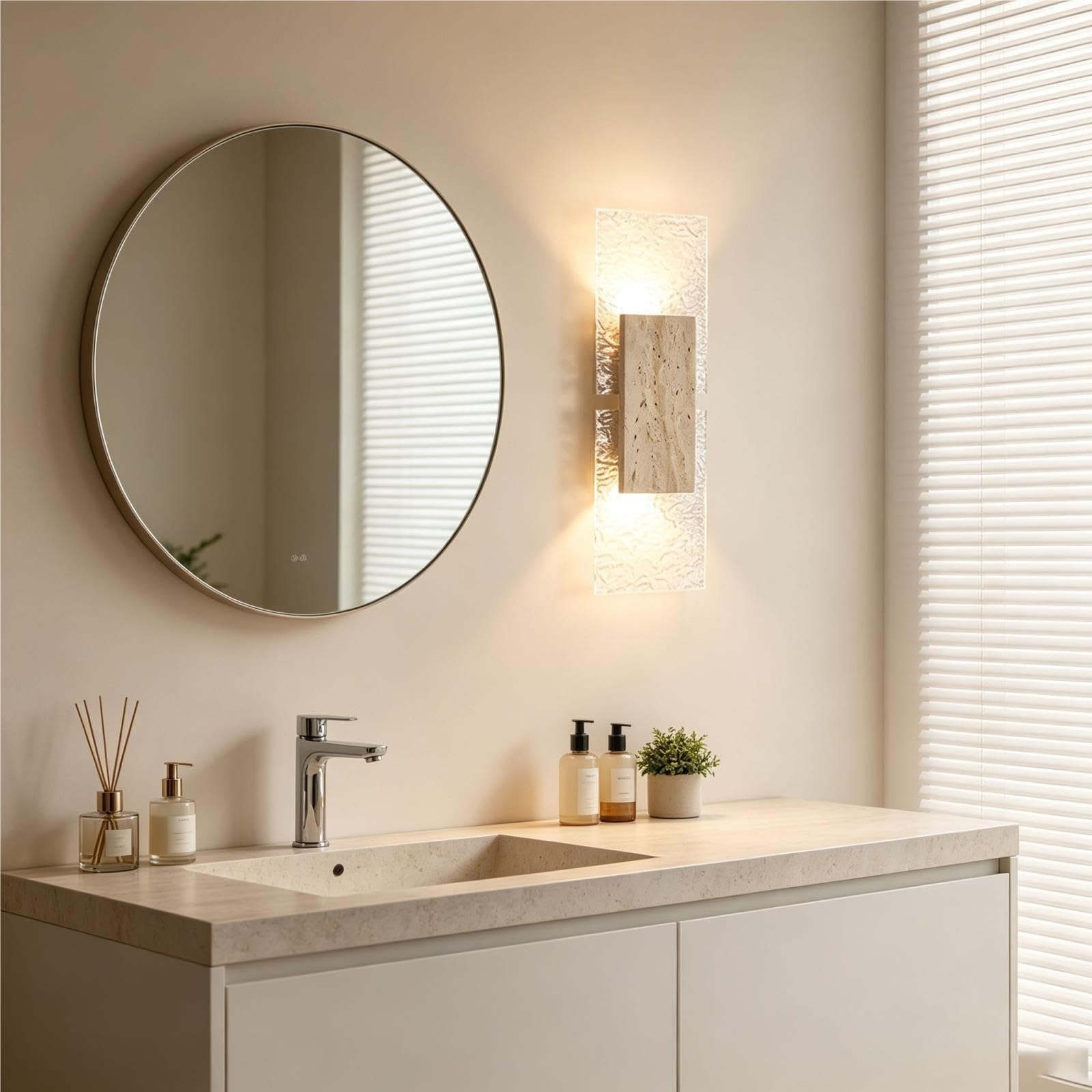 Sconce da parete in travertino e acrilico, lampada moderna verso l'alto